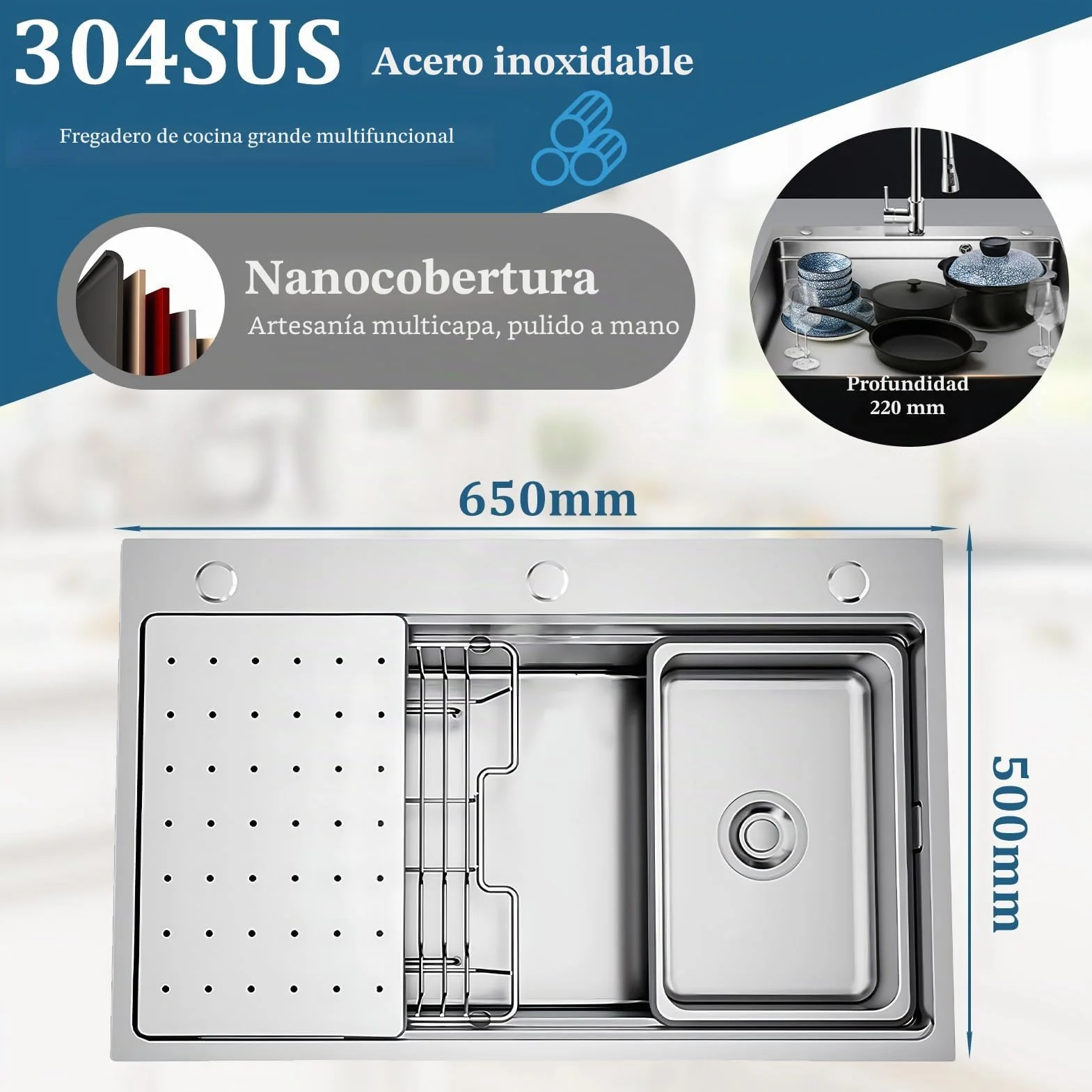 Fregadero de cocina multifunción de 65 x 50 cm, de acero inoxidable 304, hecho a mano, fregadero de cocina grande de una bañera, instalación a ras o sobre encimera con bañera extraíble