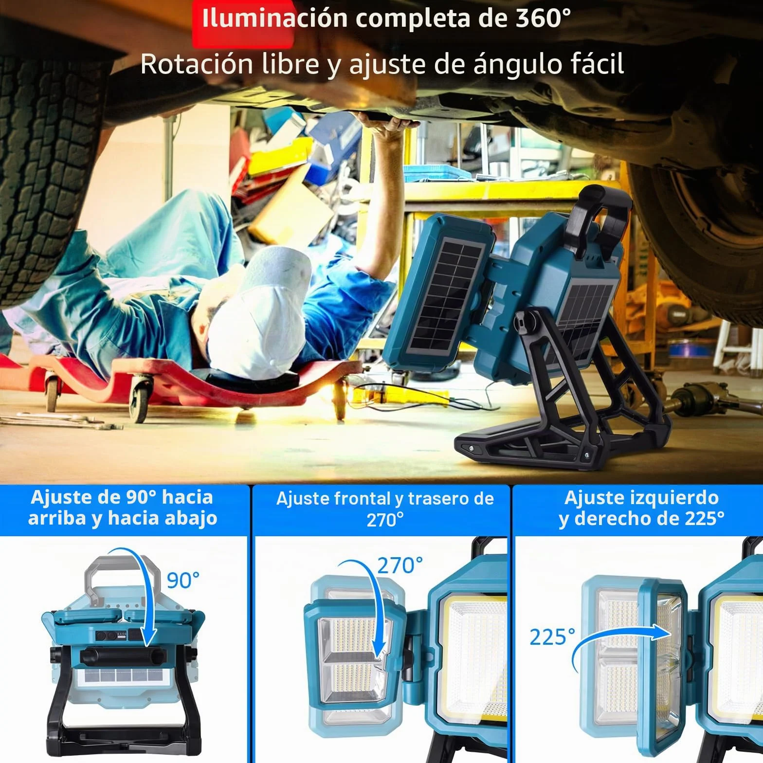 MASMEJOR 300W Foco LED Recargable, Foco LED BaterÍa 30000LM, 25000mAh con Panel Solar, 4 Modos de Luz & Iluminación de 360°, Ideal para Camping, Trabajo, Reparación, Construcción