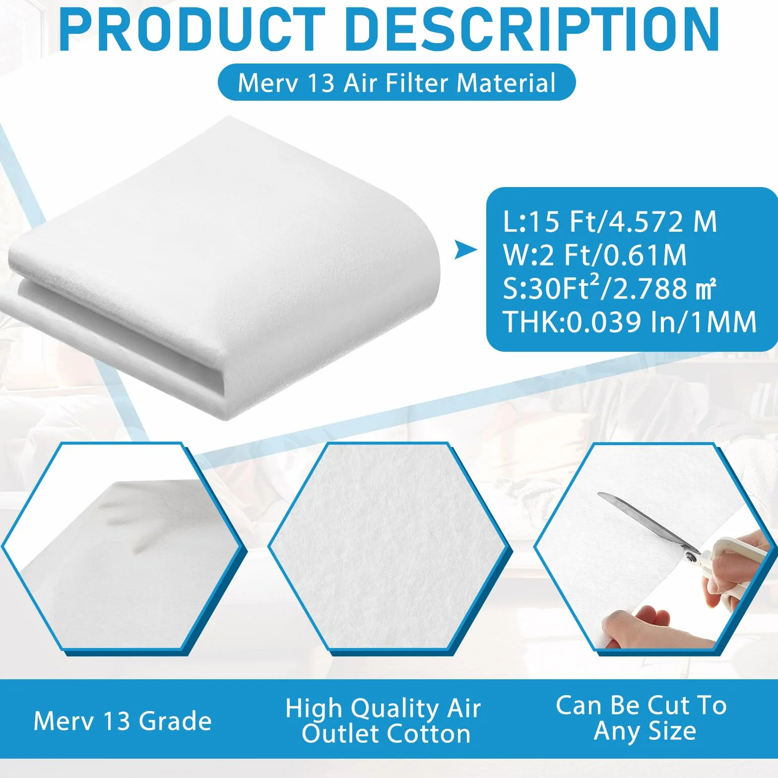 Pangda Merv 13 - Material del filtro de aire de 30 pies cuadrados, 2 x 15 pies, corte para adaptarse a medios de filtro transpirables para rejillas de ventilación de registro de verano, ventilador de