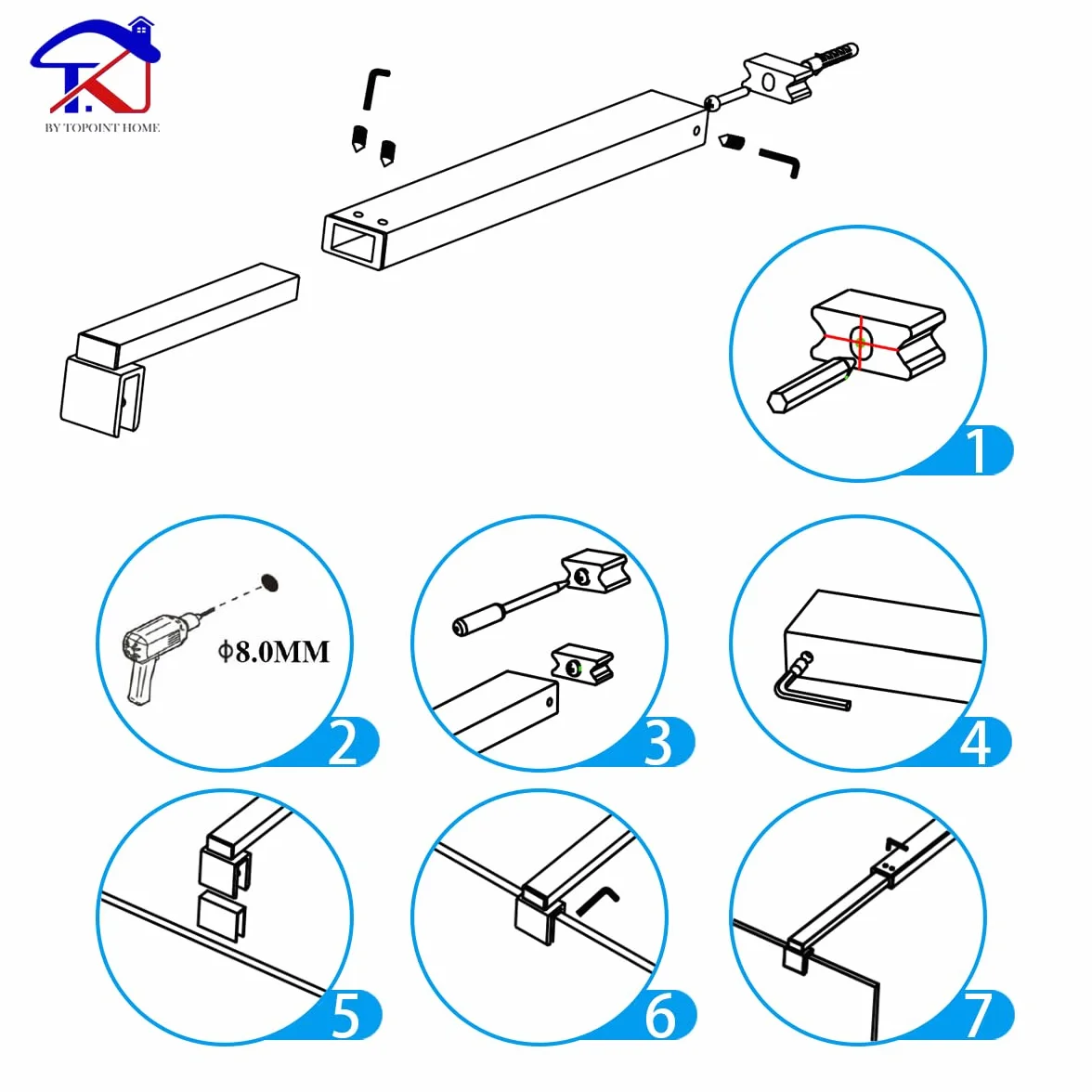 T&K Barra de soporte para mampara de ducha cromado barra telescópica longitud ajustable de 700mm-1300mm, apta para mamparas de ducha y paneles de baño, compatible con vidrio de 6-10mm