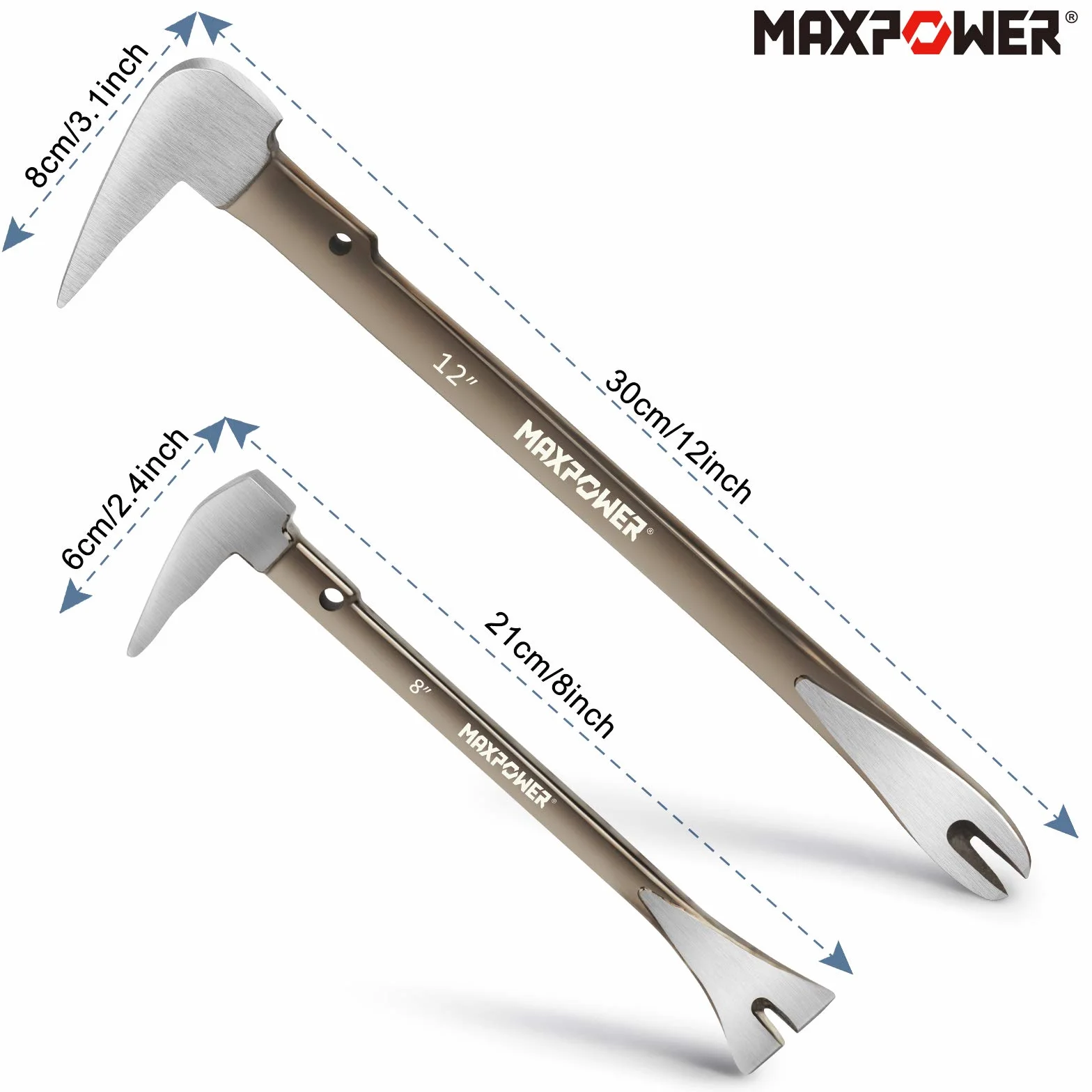 MAXPOWER Palanca para Quitar Clavos, Pie de Cabra, Set de 2 Piezas, 210mm y 300mm