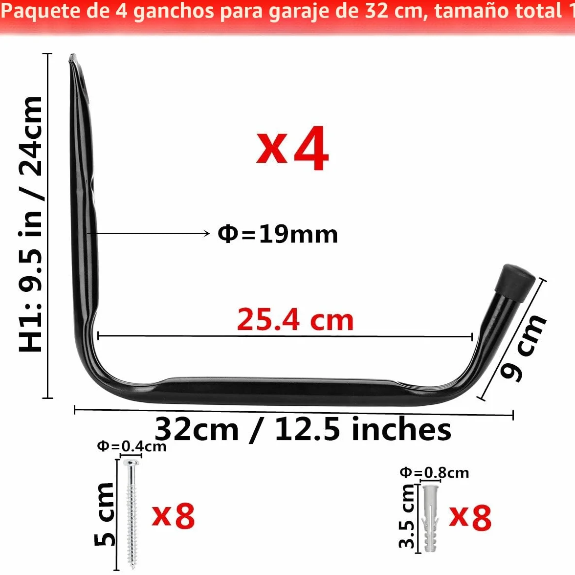 Gancho de almacenamiento de garaje gigante montado en la pared, 32 cm Bastidor colgante de servicio pesado para tabla de surf, escalera, kayak