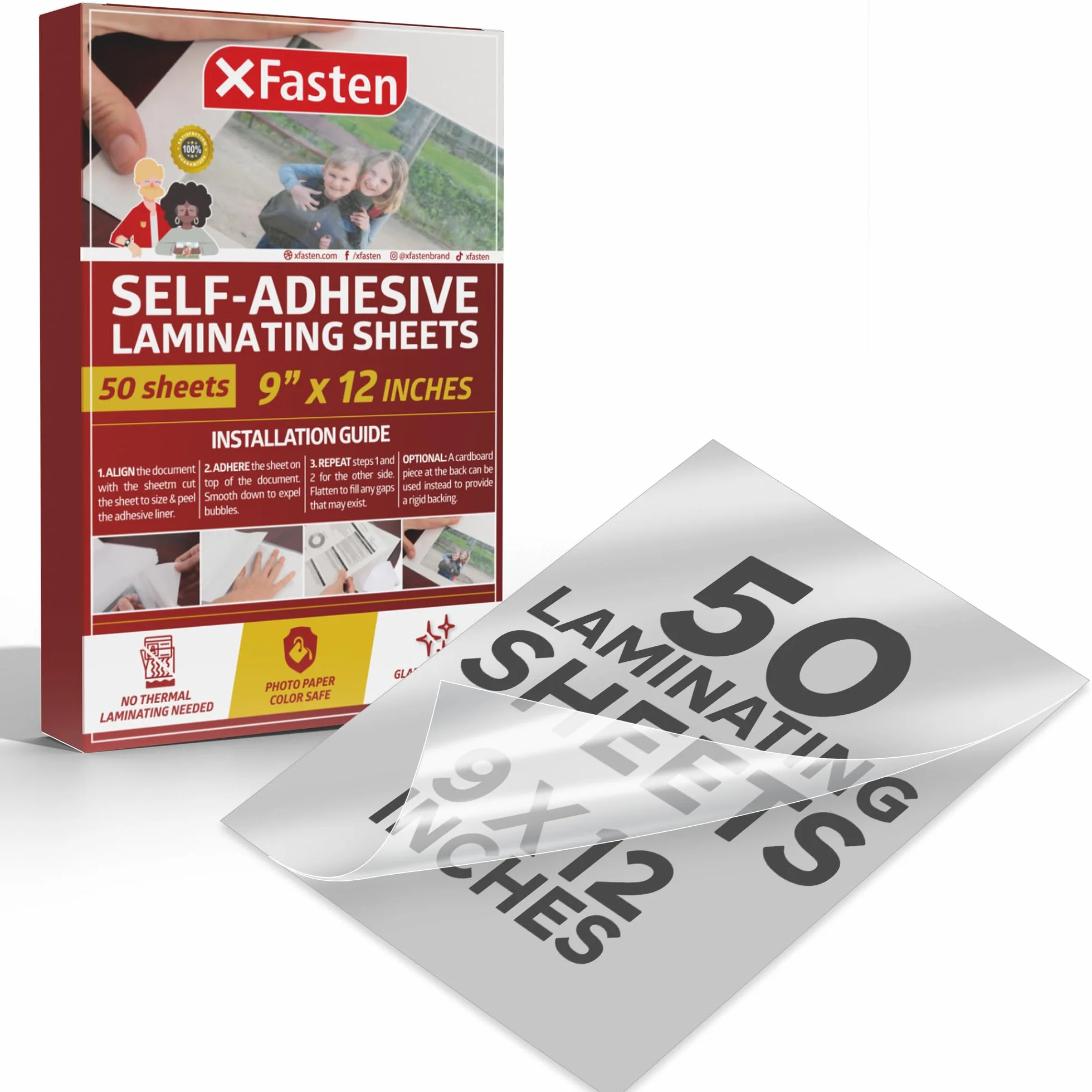 XFasten Láminas de Plastificar Autoadhesivas 9 x 12 Pulgadas Paquete de 50 4.76 de Espesor