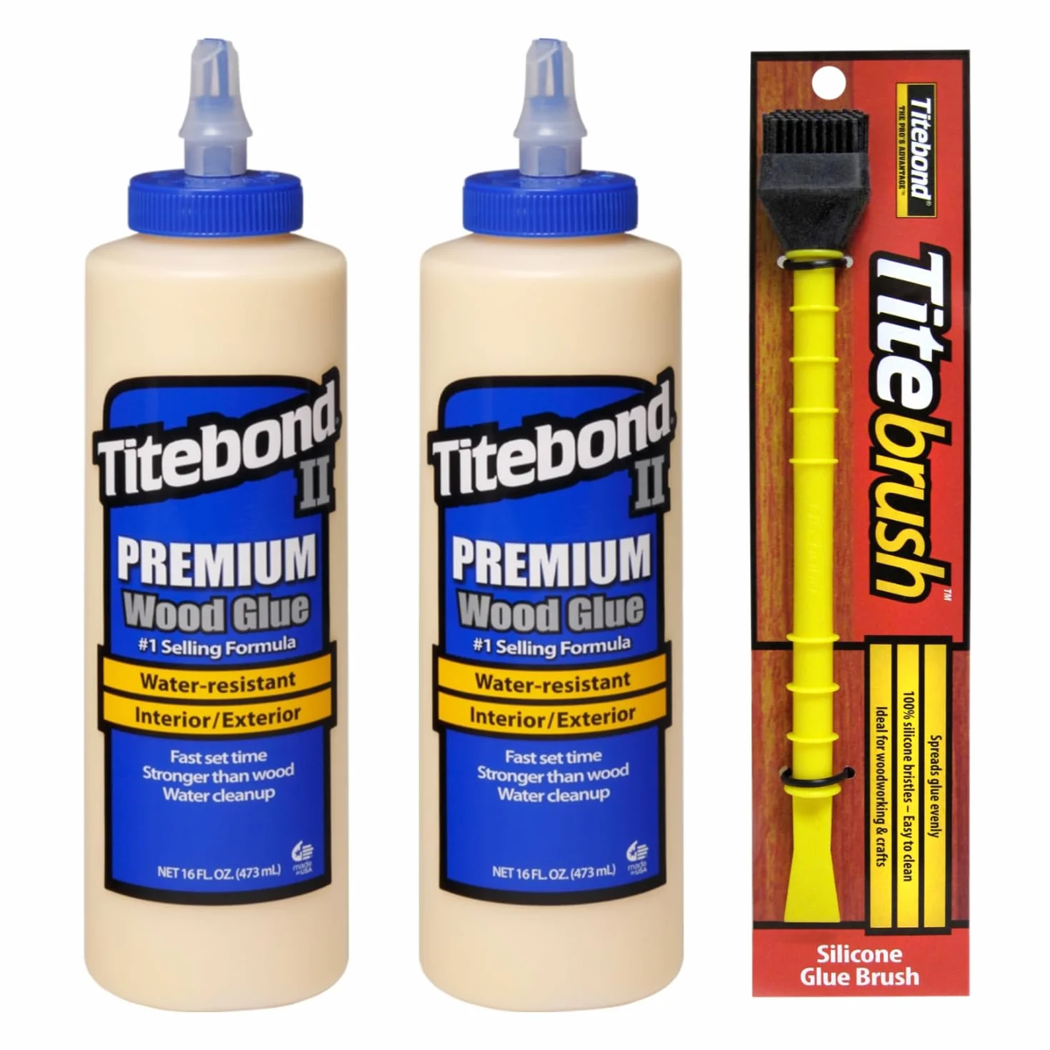Titebond II Premium - Pegamento para madera (2 unidades, 473 ml, resistente a la intemperie, adhesivo para madera para interiores y exteriores, incluye aplicador de pegamento Titebrush, pincel de