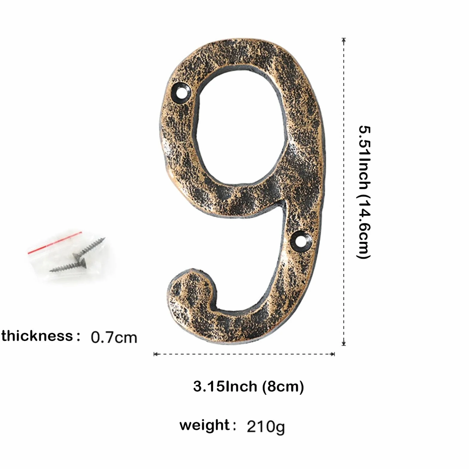 Números casa 5,5 pulgadas con tornillos - Número puerta moderno metal, números dirección hierro fundido bronce, cartel dirección, para exterior, buzón, apartamento, jardín, habitación(9)