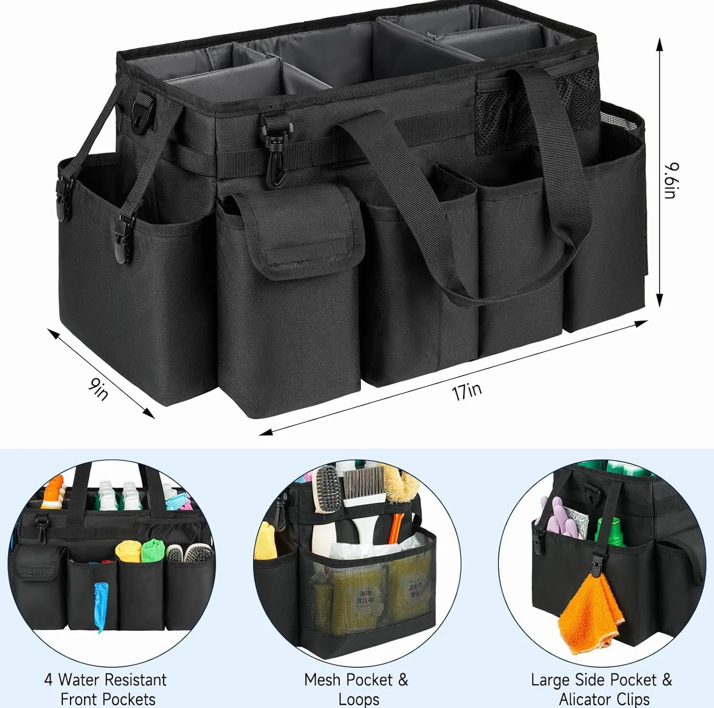 Bolsa de limpieza XL, organizador de suministros de limpieza extra grande con asa para amas de casa, color negro
