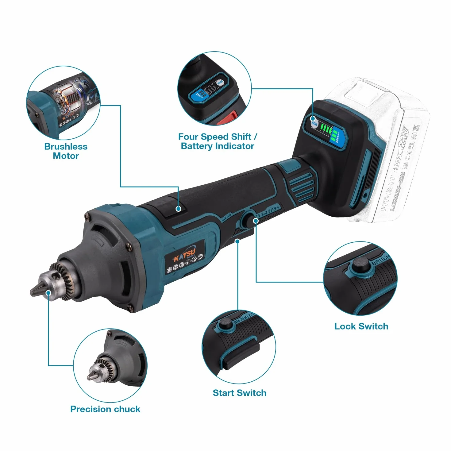 KATSU FIT-BAT 21V Brushless Amoladora Recta a Batería sin Escobillas, 6mm Portafresas, 4 Velocidades Variables y Interruptor de Seguridad, sin Batería ni Cargador 102324