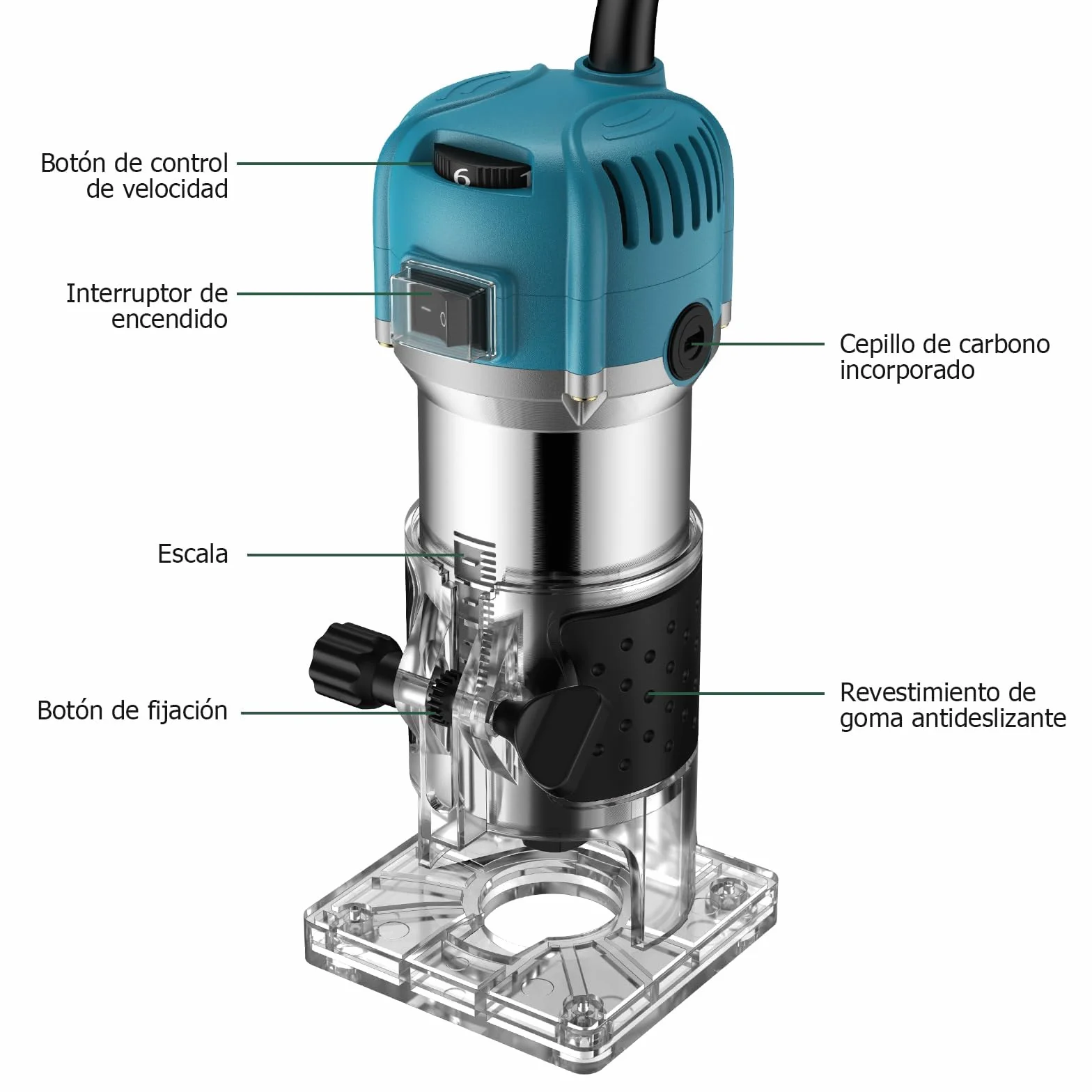 JiGiU 800W Fresadora de Madera Velocidad Variable Rebajadora Eléctrica 6.35mm(1/4 pulgada) 30000r/min con 6 Puntas de Carburo, Cuerpo de Aleación de Aluminio Resistente con 15 Piezas Fresas