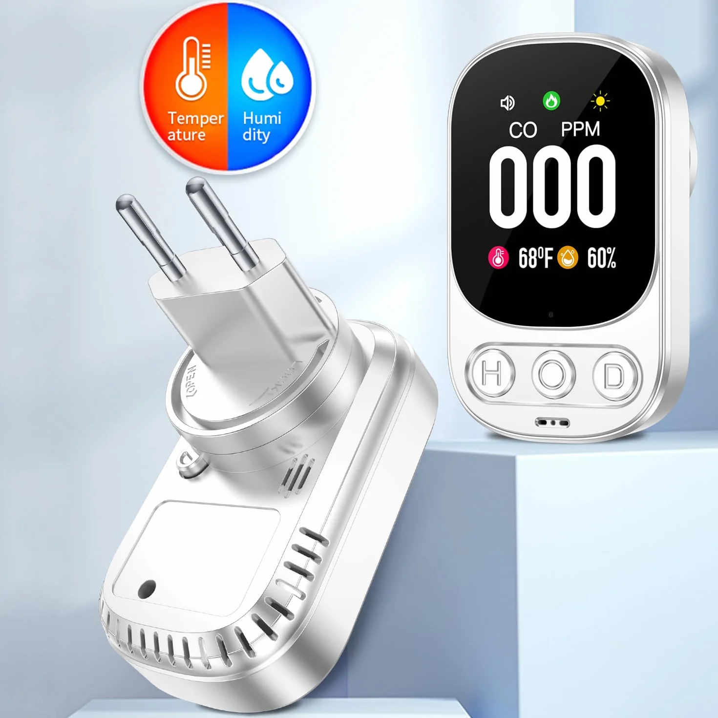 Detectores de monóxido de Carbono, Detector de CO enchufable 3 en 1 | Temperatura | Humedad, Alarma de Monitor de CO con Voz y Pantalla Digital LED, Mini Alarma de Viaje para hogar/Hotel/RV