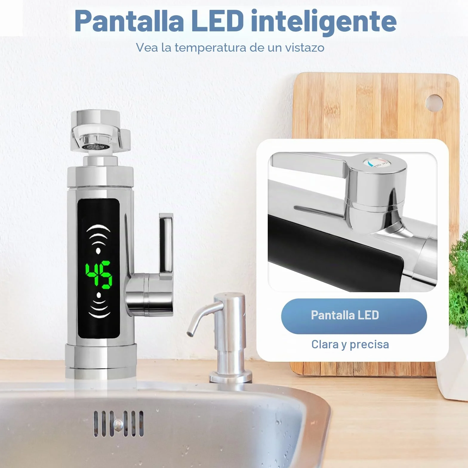 Grifo con calentador de agua instantáneo, 3000 W IPX4 Calentador eléctrico Grifo con indicador de temperatura LED legible, 360° giratorio Grifo calentador instantáneo para cocina, baño (plateado)