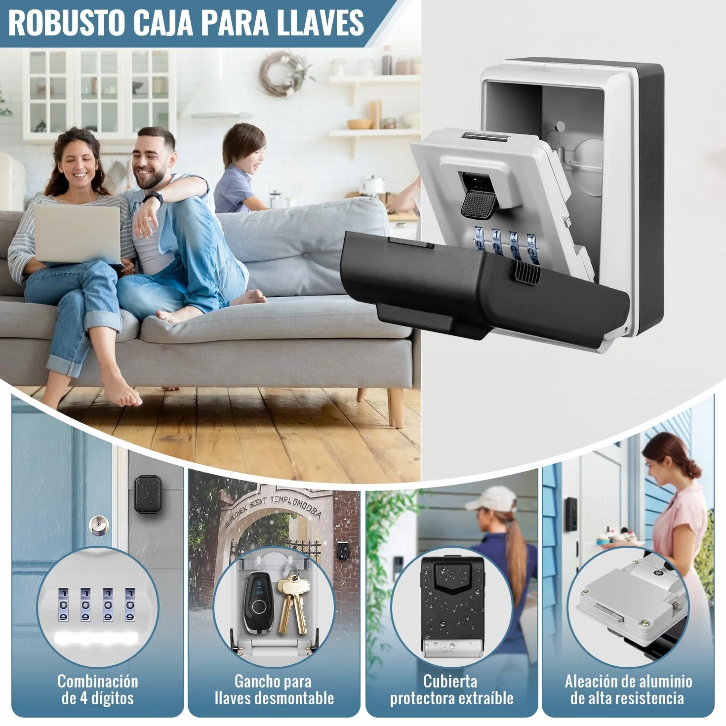 Caja de Seguridad para Llaves Exterior Caja Fuerte para Llaves Impermeable Lluminada Caja de Llave con Codigo 4 Dígitos Caja de Bloqueo para Llave para Hogar Garaje Escuela