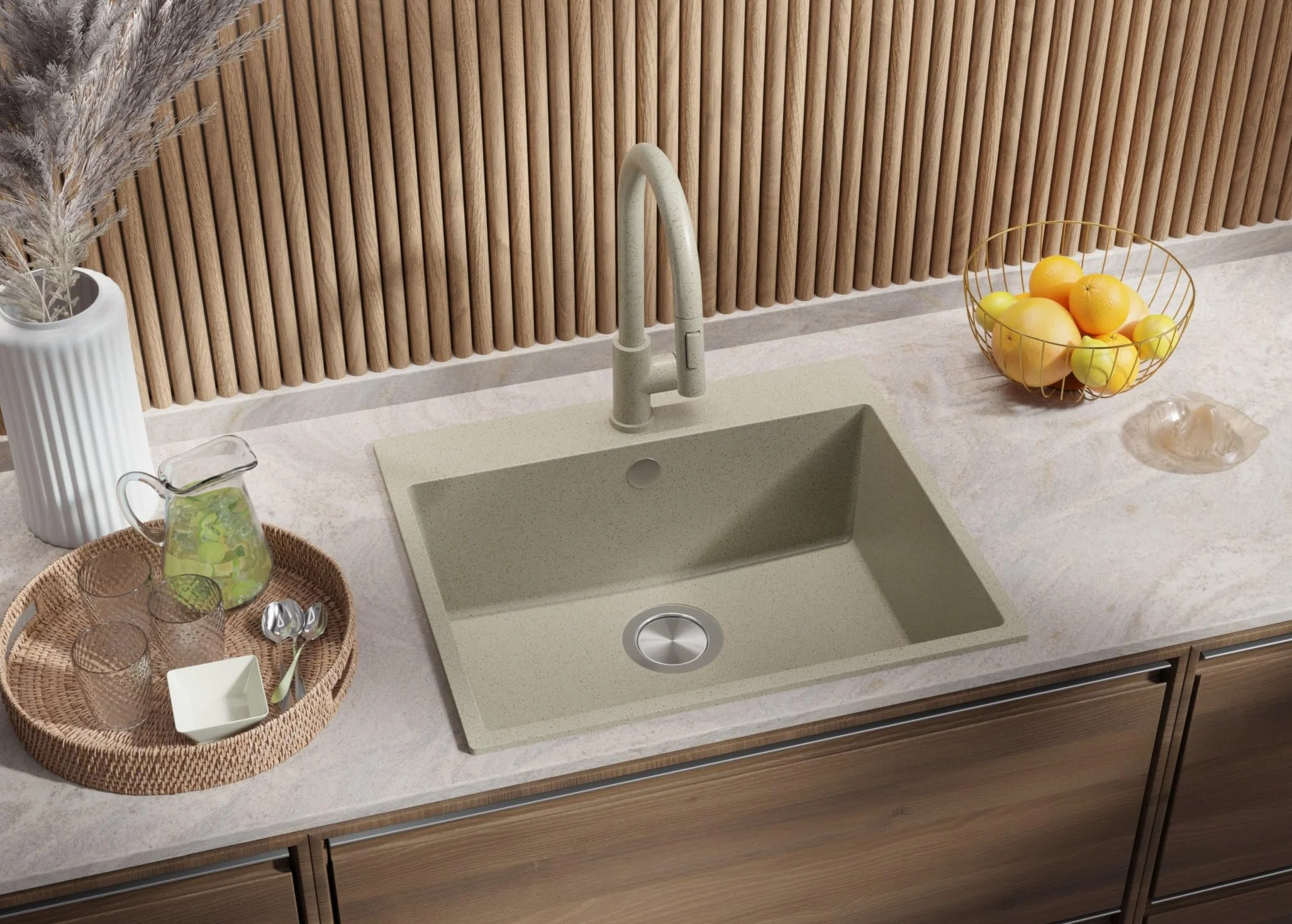 PRIMAGRAN Fregadero Granito Todo Beige 58x50cm, Cocina 1 Seno + Grifo 40x20cm + Sifón, Sobre Encimera al Mueble 60cm - Riga S330