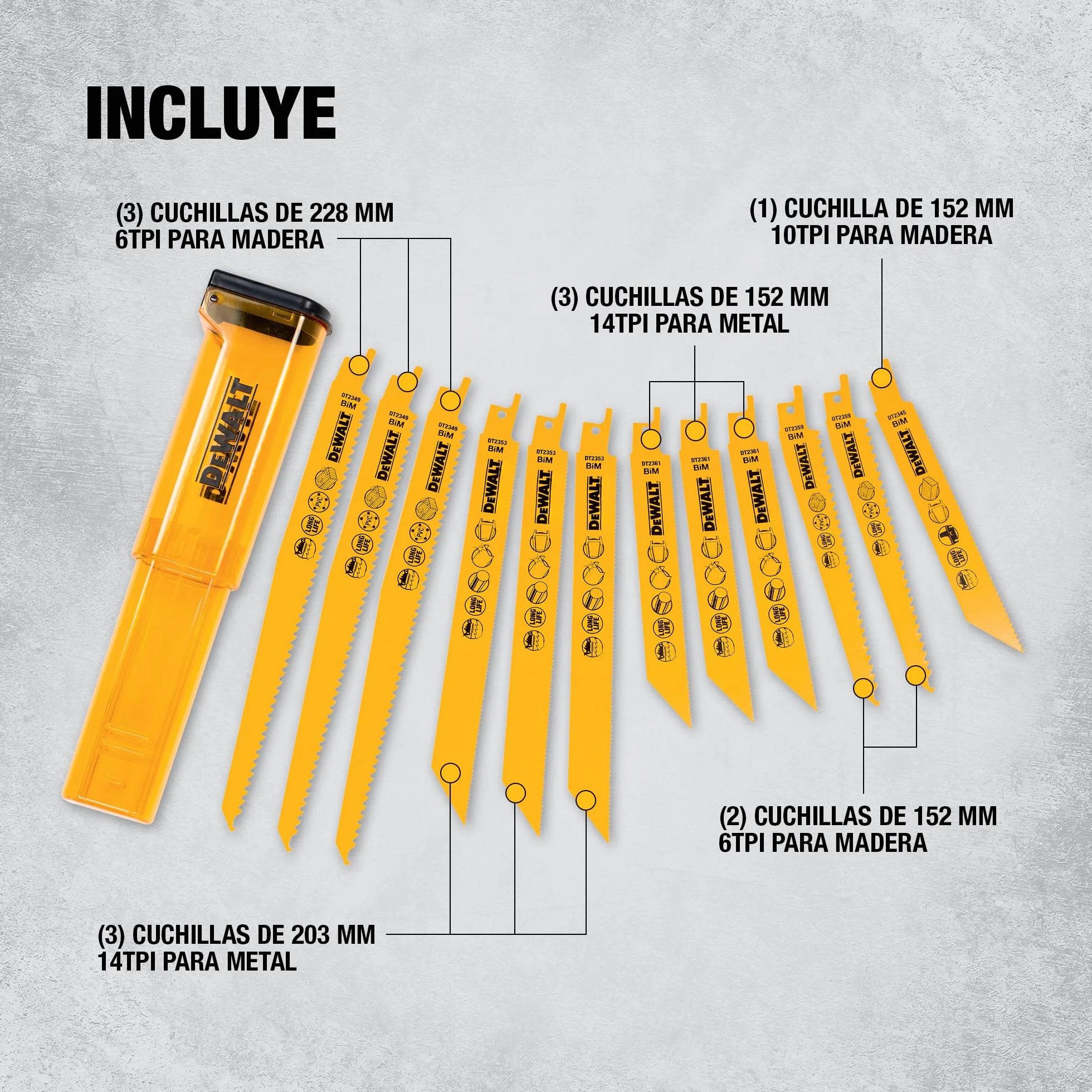 DEWALT Juego de hojas mixtas Bi-Metal para sierra reciproca con estuche para almacenamiento (12 piezas), DT2445-QZ