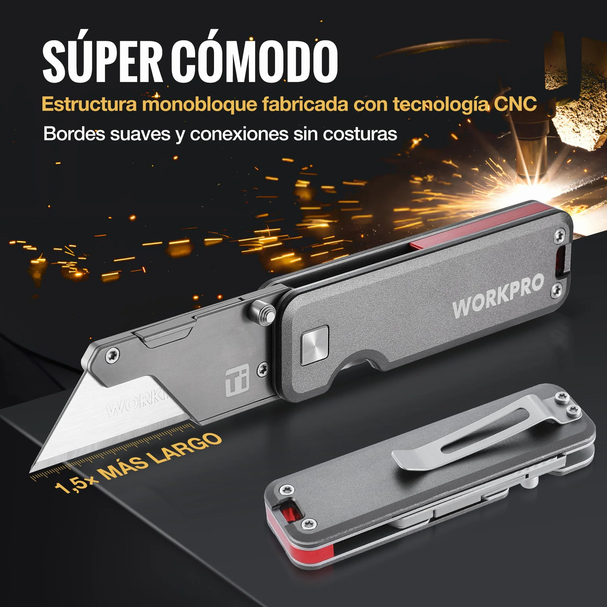 WORKPRO Cúter Plegable de Titanio CNC, Navaja Utilitaria Profesional con Mango de Aluminio Ligero, Incluye 10 Cuchillas Adicionales