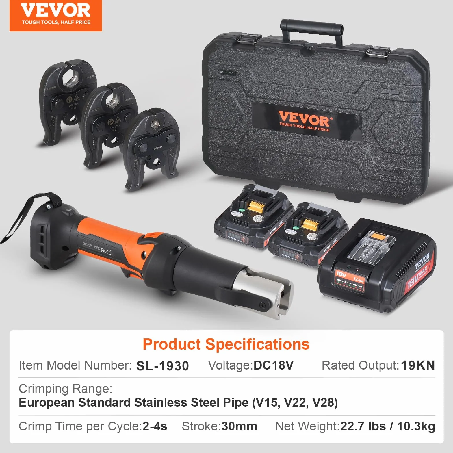 VEVOR Kit de Herramientas para Engarzar Tuberías Eléctricas con 2 Baterías de 18 V 2,0 Ah, Engarzadora Profesional con Mandíbulas V15, V22, V28, Cargador Rápido y Estuche de Transporte 360°