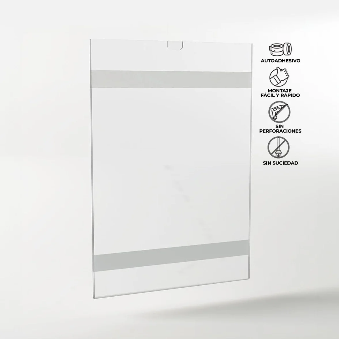 Funda de Metacrilato A4 Vertical con Bi-Adhesivo – Soporte de Pared Transparente