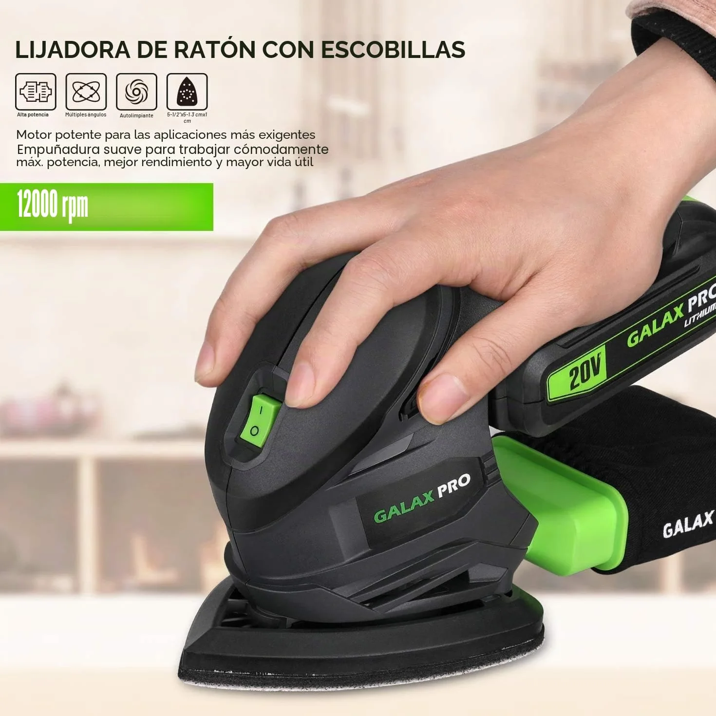 GALAX PRO Lijadora de Detalle Mouse 20V con Bolsa de Filtro,Velocidad 12,000 RPM Lijadora Madera incluye batería y cargador,20 Papeles de Lija