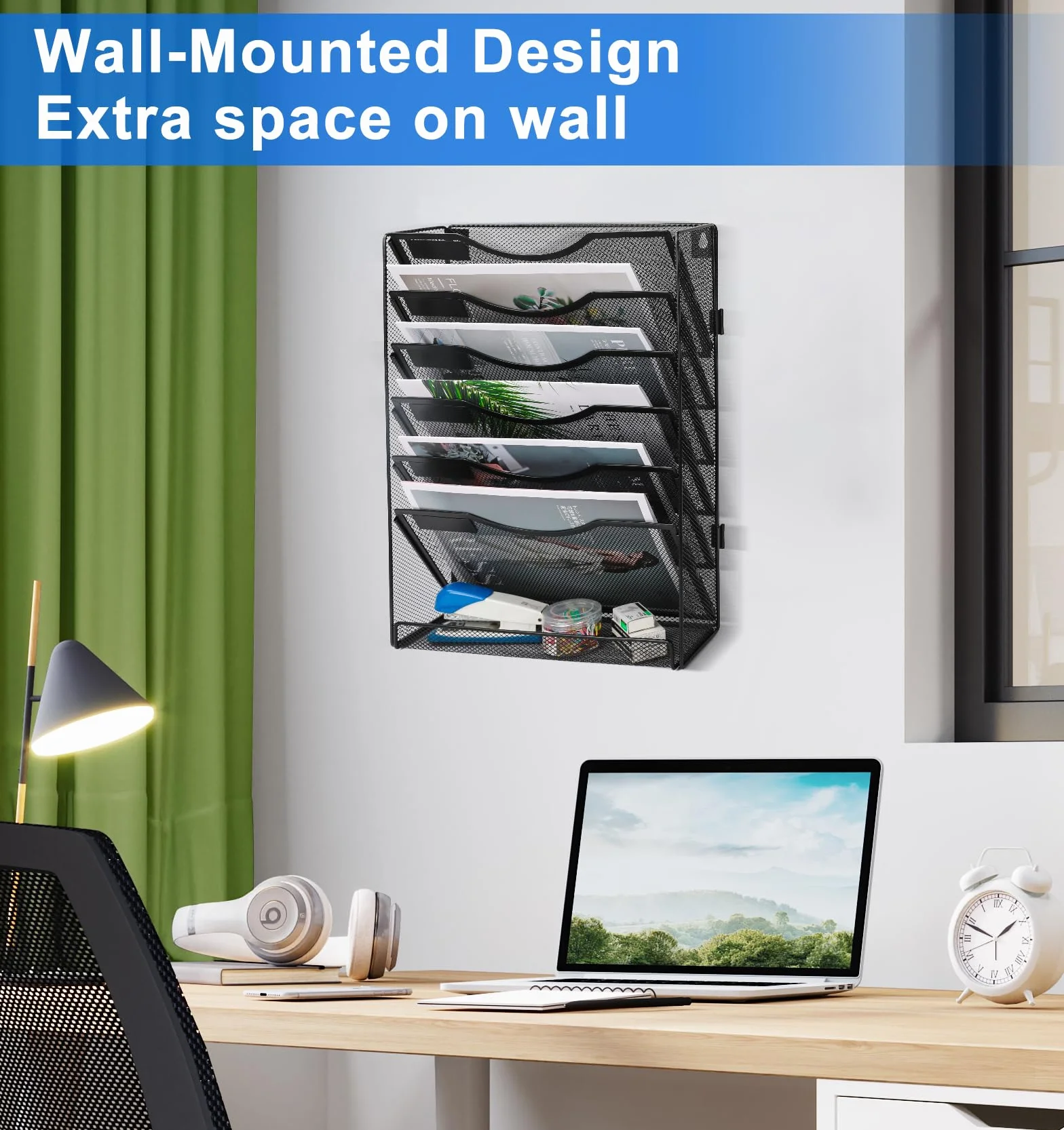 TQVAI Revistero Pared 7 Compartimentos Malla Metal Organizador Papeles A4 Colgante Oficina, Negro