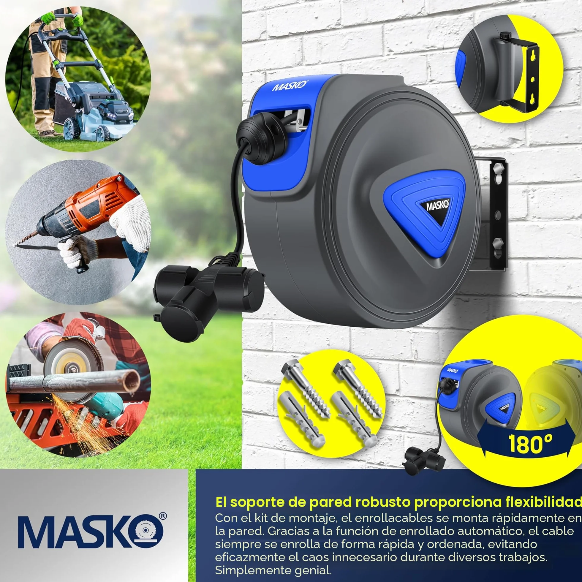 MASKO® Cable alargador automático de 20 m con conexión de 3 vías, giratorio 180°, cable de alimentación de 1,5 m, soporte de pared, enrollador de cables, enrollador de cables, incluye guantes