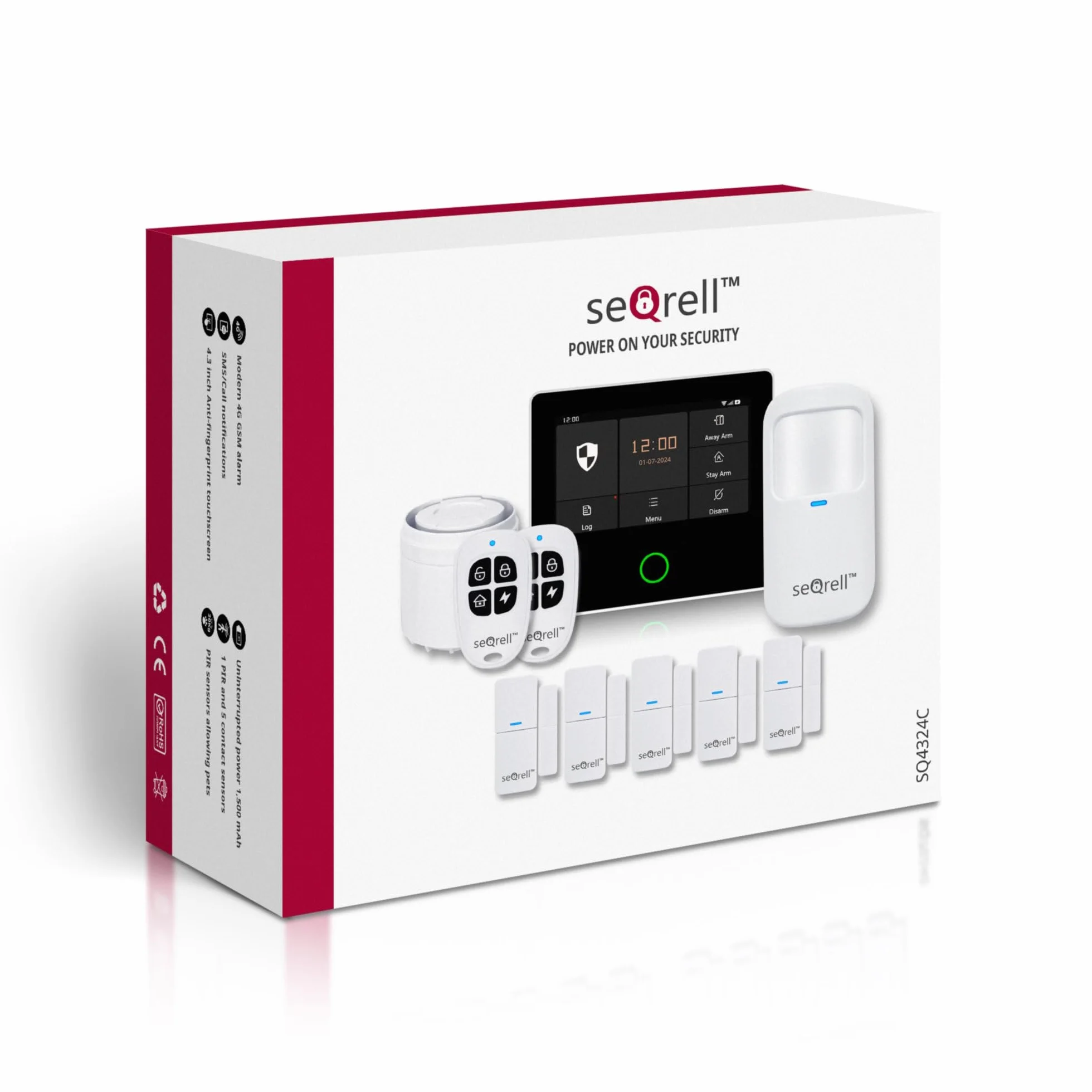 Kit Alarma Casa con Aviso al Movil, Sistema de Alarma para Casa WiFi y 4G gsm sin cuotas con Pantalla Táctil 4.3” y Batería de 1500 mAh, Aplicación Tuya Smart Life, Alexa, SQ4324C