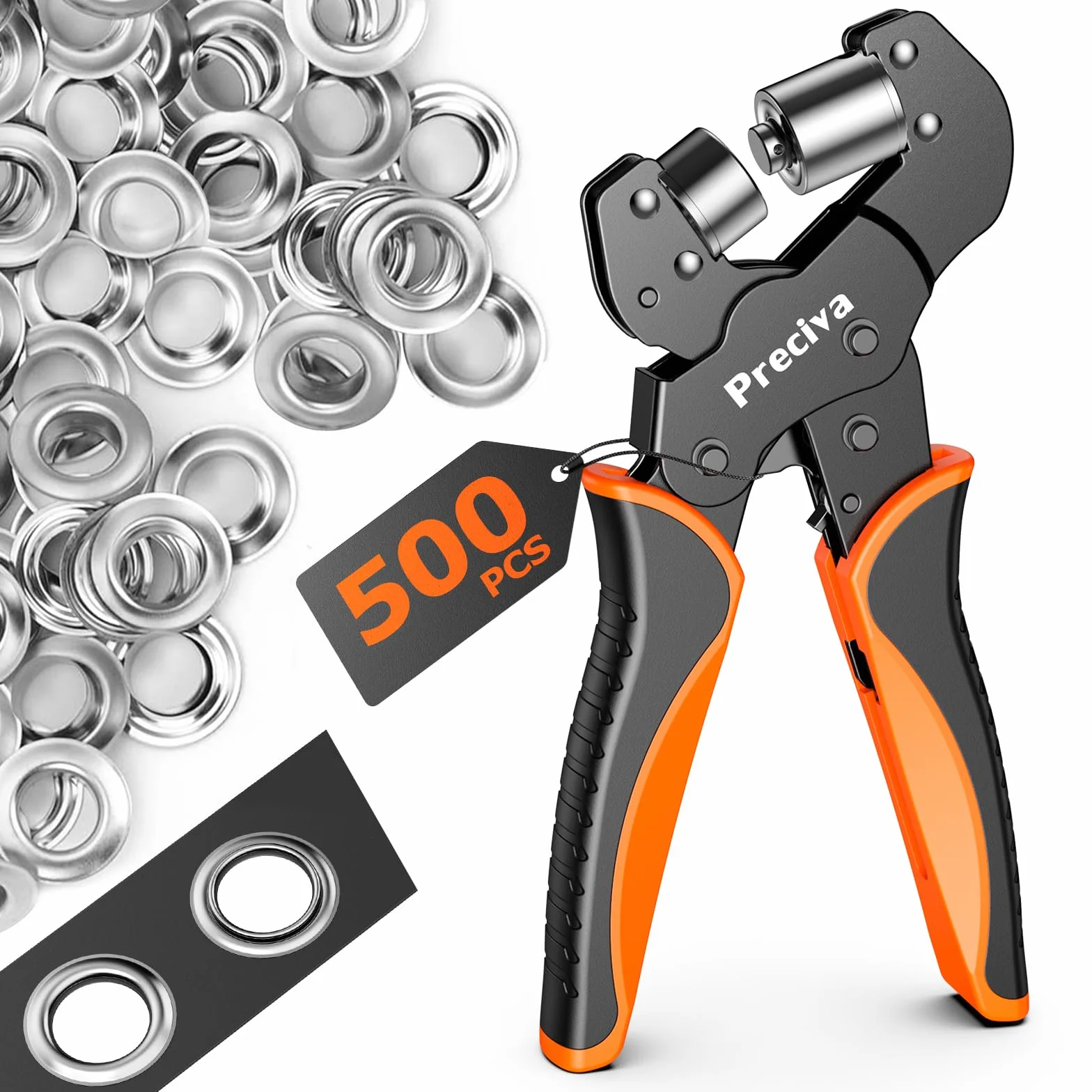 Alicates de Ojal de Bloqueo Profesionales,Preciva Remachadora Ojales con 500 Ojetes Metalicos (Ø interior 10mm),Punzón para Ojales,Maquina Ojales para Lonas Tejidos Velas Solares Cartón Cuero y PVC