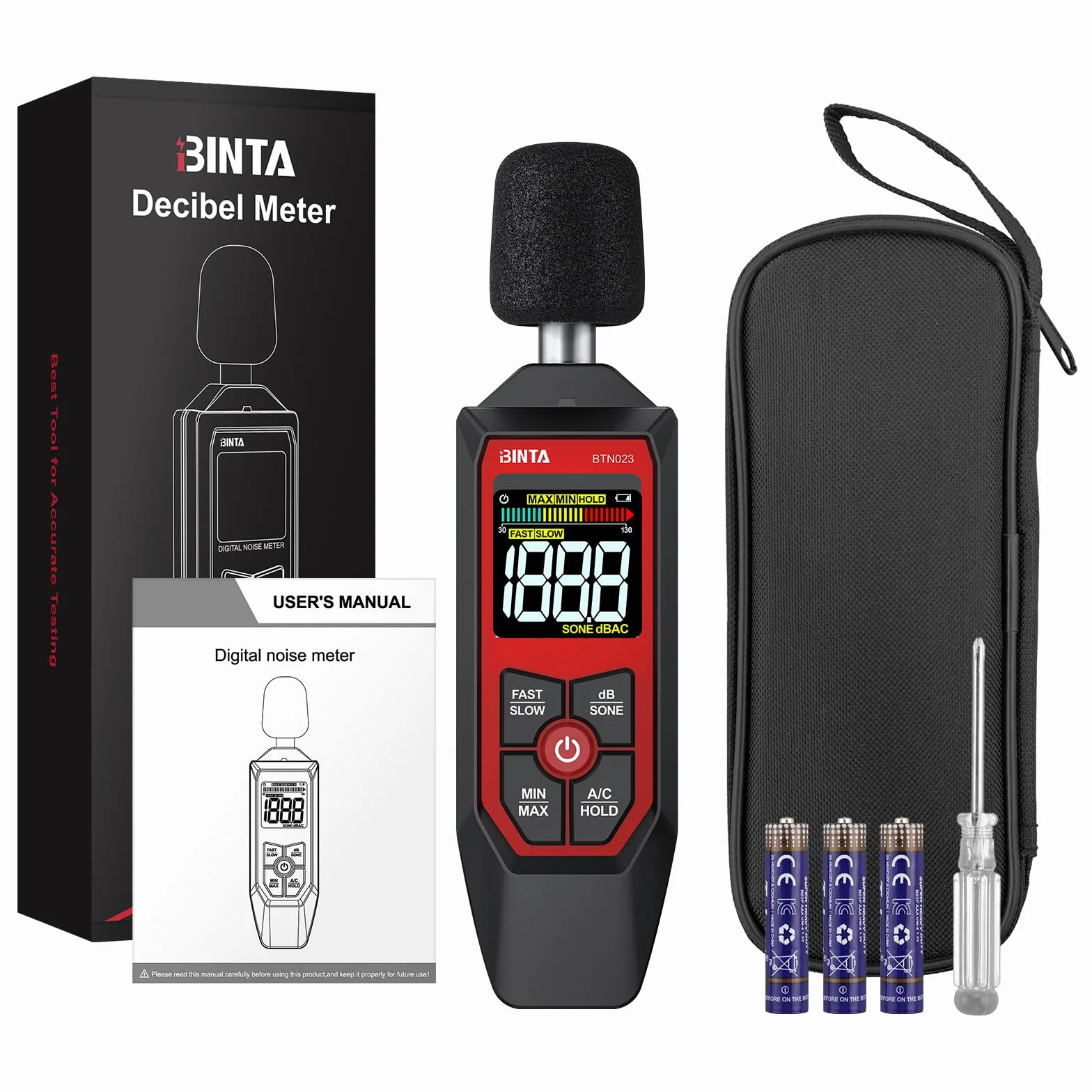 BINTA Sonómetro Digital Decibelímetro 30-130dB Ponderación A/C Max/Min dB/SONE