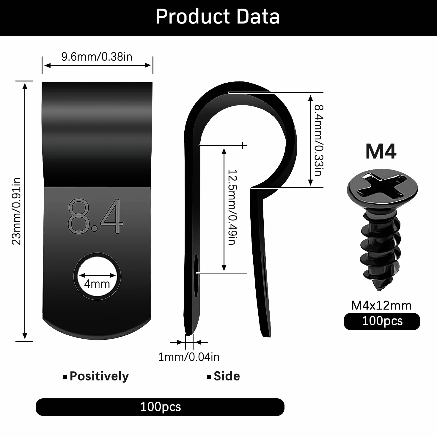 VooGenzek 100 Piezas 8.4mm (5/16 Pulgada) Clips de Cable de Nailon Tipo R, Abrazaderas de Cable Tipo R con 100 Piezas de Tornillos, para Gestión de Cables (Negro)