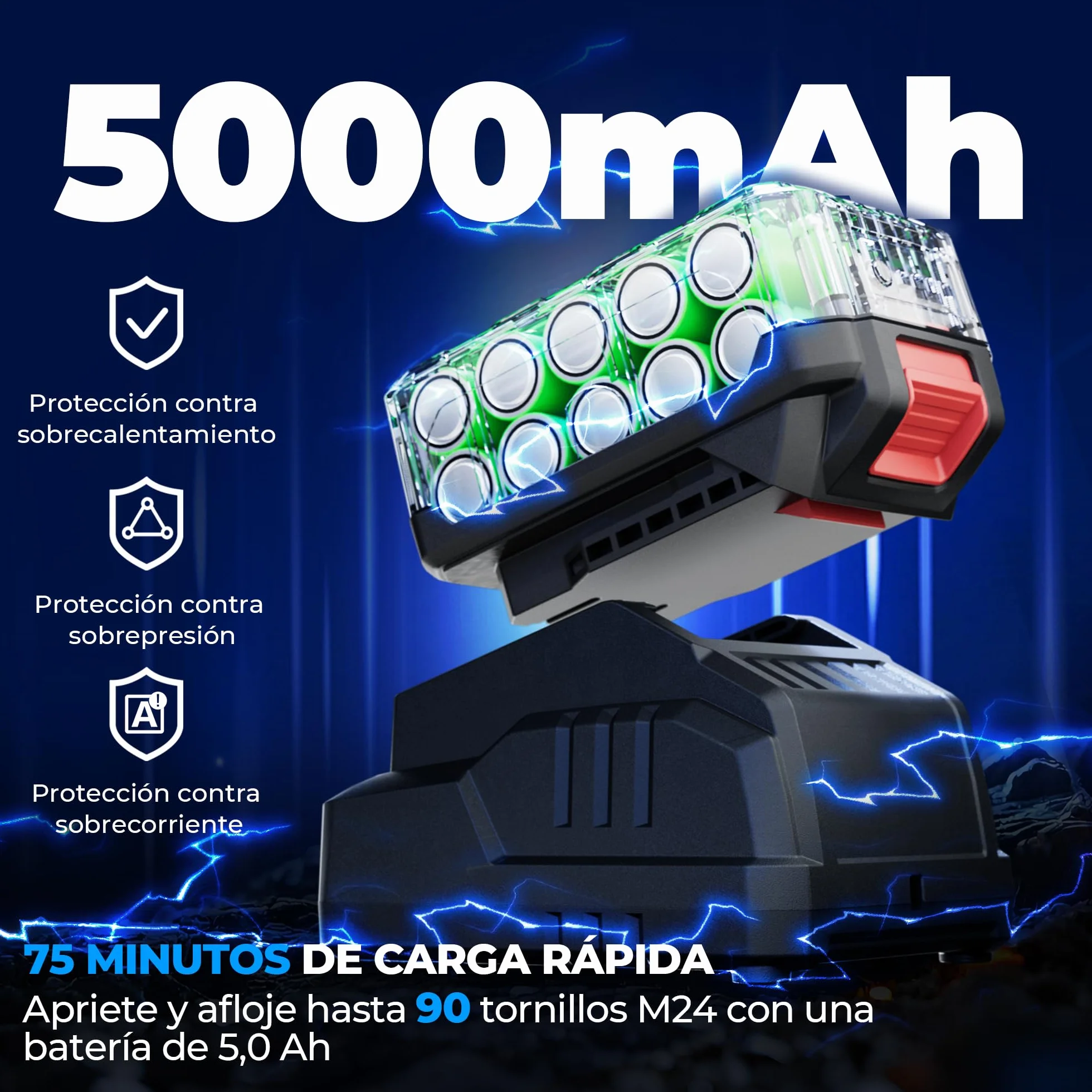 Dong Cheng Llave de impacto a batería sin escobillas 1/2", 1700 Nm, 3 vel (0-1900rpm), 2 bat 5Ah + cargador rápido + 3 dados + maletín. Para coches, camiones y maquinaria pesada