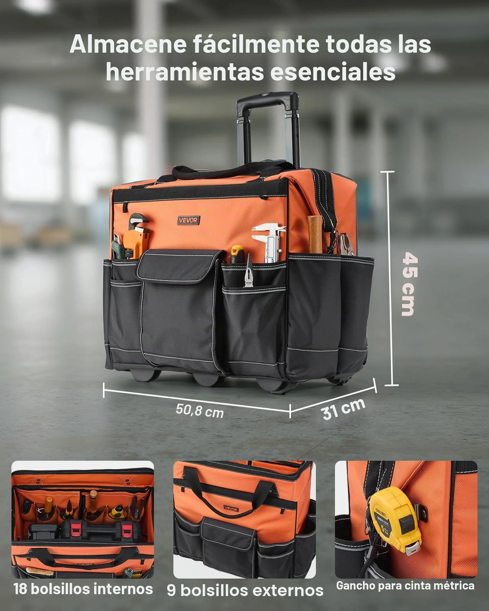 VEVOR Mochila con Ruedas de 510 x 310 x 450 mm Capacidad de Carga de 50 kg, Mochila de Herramientas Resistente con 27 Bolsillos, Asa Telescópica Ajustable y Base Estable para Construcción y Mecánico