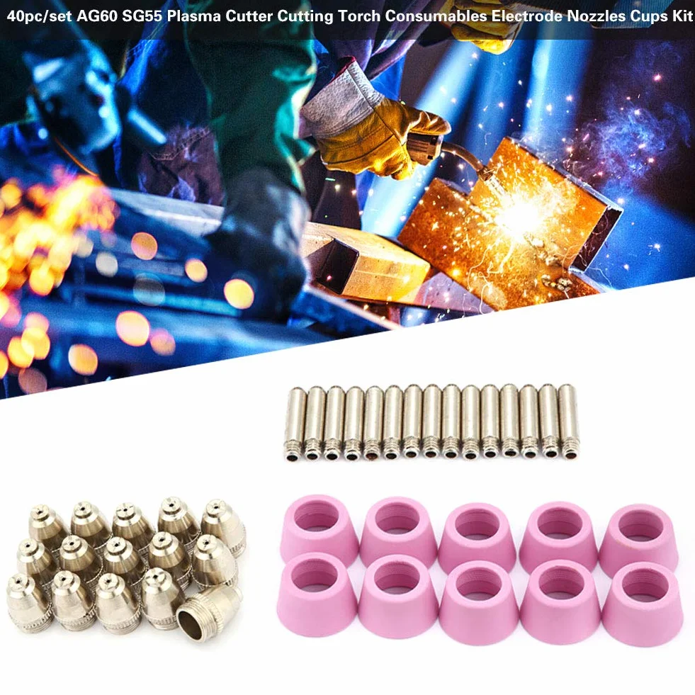 Boquillas de electrodo, AG60 SG55 Cortador de plasma Antorcha de corte Consumibles Boquillas de electrodo Kit de tazas (40 piezas/juego)