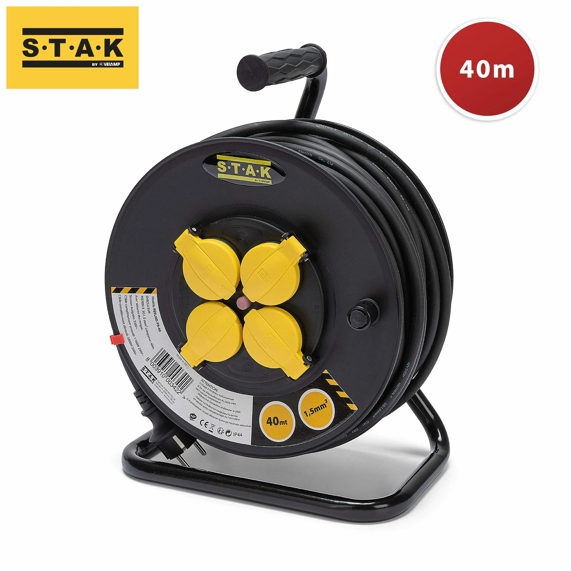 Stak REELHD-FR-40 - Enrollador eléctrico Profesional Resistente al Agua IP44 Cable 40 m de Goma 3G1,5 mm2 para Obras, Bricolaje, jardín, 4 enchufes, Estructura de Acero, Color Negro