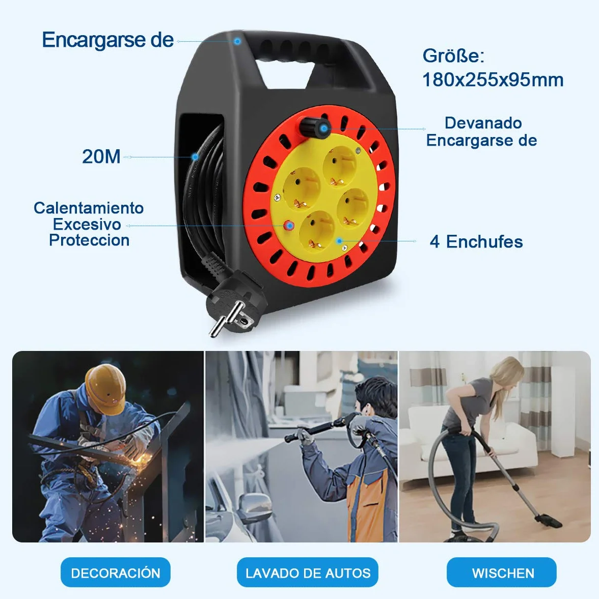 ExtraStar Cable de alimentación de bobina enrollable de 20 metros y 4 enchufes (2P+T) (20M) …
