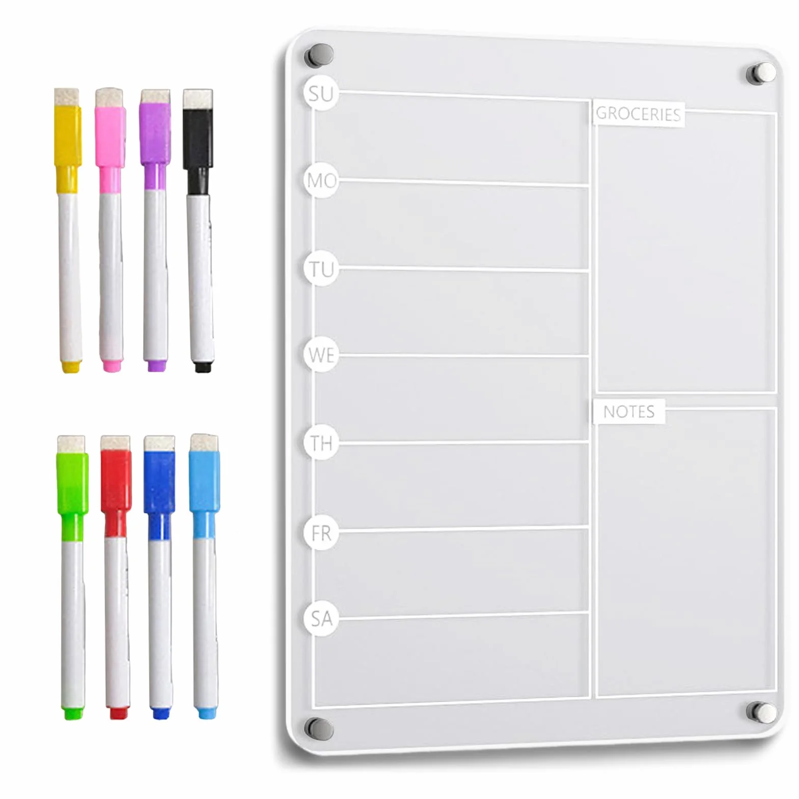 Acrylic Meal Planner Magnetic Board with 8 Markers, Reusable Weekly Noteboard for Refrigerator Grocery List Kitchen Organization