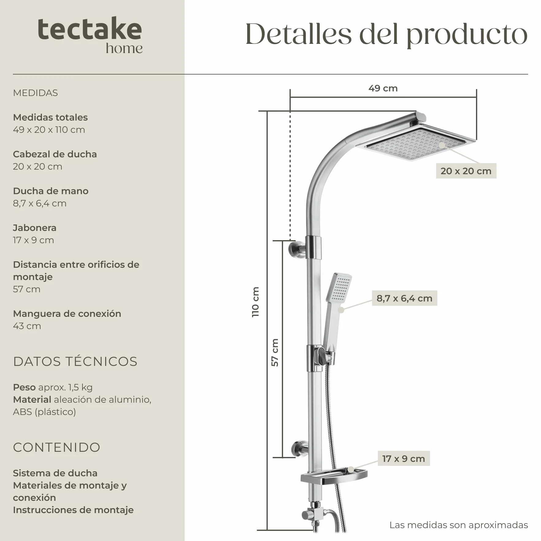 tectake® Conjunto de Ducha con Rociador de Hidromasaje de Aluminio con Grifo Ducha, Duchas de Baño con Alcachofa con Junta Esférica, Bandeja y Barra Regulable, Columna Hidromasaje - Gris