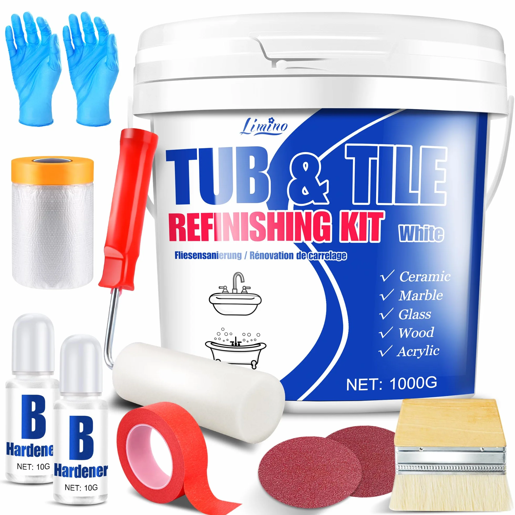 Kit de Restauración de Bañera y Azulejos - Pintura para Azulejos Blanca Semi-Brillante con Herramientas para Bañera, Lavabo, Encimera para Baño y Cocina, Cerámica, Porcelana, Fibra de Vidrio (1000g)