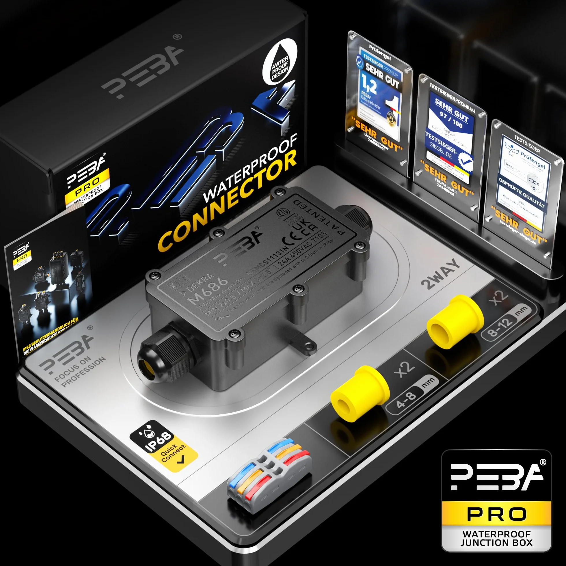 PEBA Cajas de Conexiones Impermeables IP68, Conector de cable estanco, Caja de conexiones de conector de cable Exterior de 2 vías, Apto para cables 4-11 mm caja empalmes exterior Negro