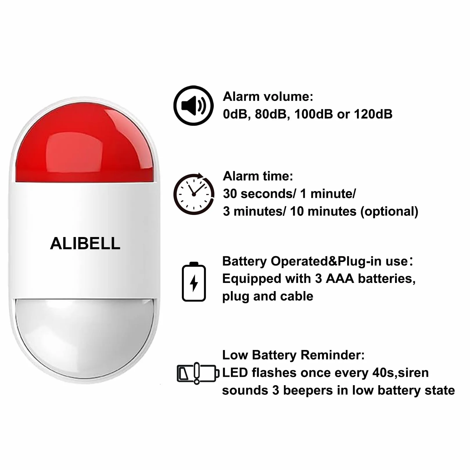 ALIBELL Kit de Alarma de Sirena Estroboscópica Remota,Sistema de Alarma de Pánico 120dB (Funciona con Batería y Plug-in Alimentación),Sistema de Seguridad de Emergencia para Hogar/Tienda/Fábrica