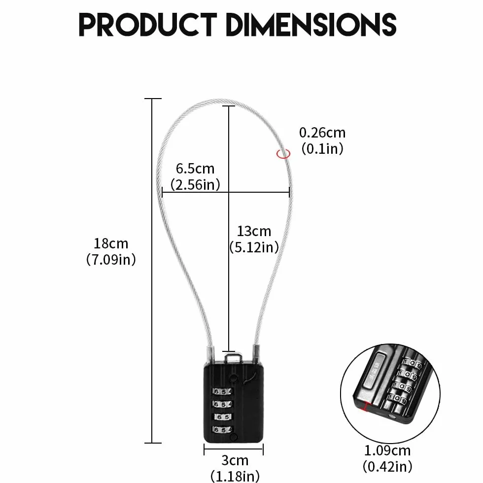 RESET-200 Candado de Combinación de 4 Dígitos con Cable de Acero de 30 cm, Candado de Alta Seguridad para Equipaje, Maleta, Estuche de Armas, Caja de Herramientas, Casco, Negro, Paquete de 2