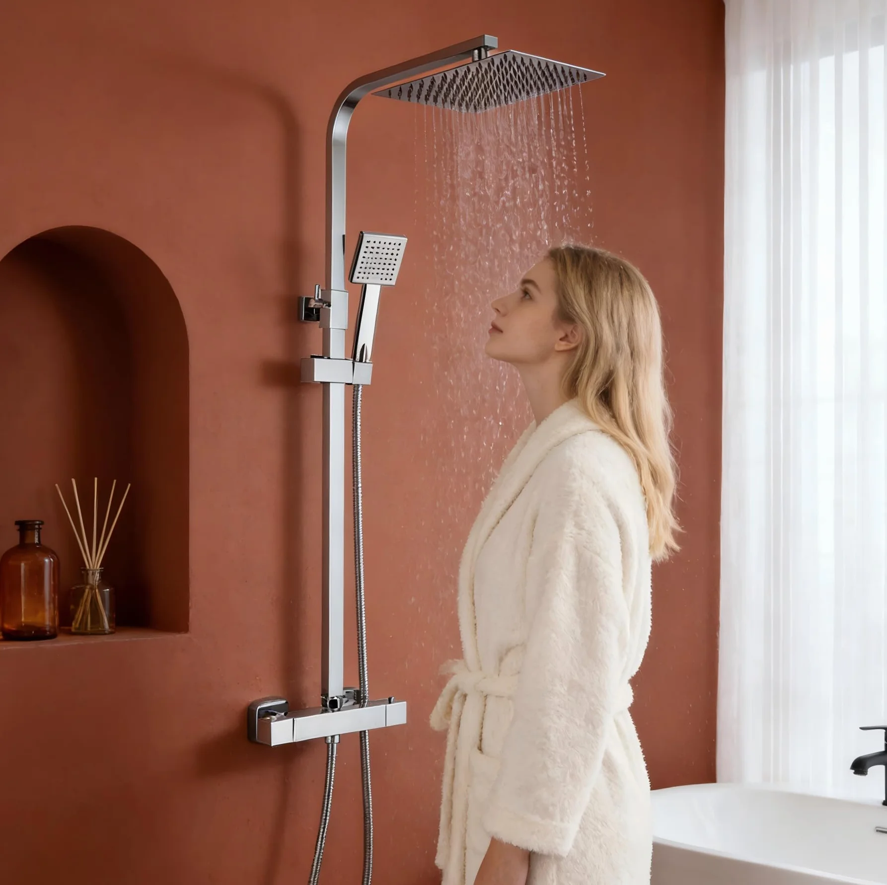 Columna de Ducha Termostática STANEW, Conjunto de Ducha, Cuarto de Baño, Columna de Ducha, Termostato con Mezclador Ajustable en Altura, Sistema de Ducha (Plata)