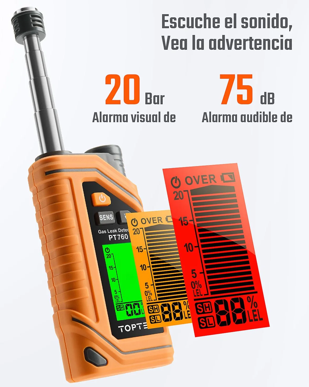 TopTes PT760 Detector de Gas Natural Recargable, Detector de Fugas con Sonda Extensible de 30cm, Sensor%LEL para Propano, Metano, Butano y Gases Combustibles en el Hogar o RV con Linterna - Naranja