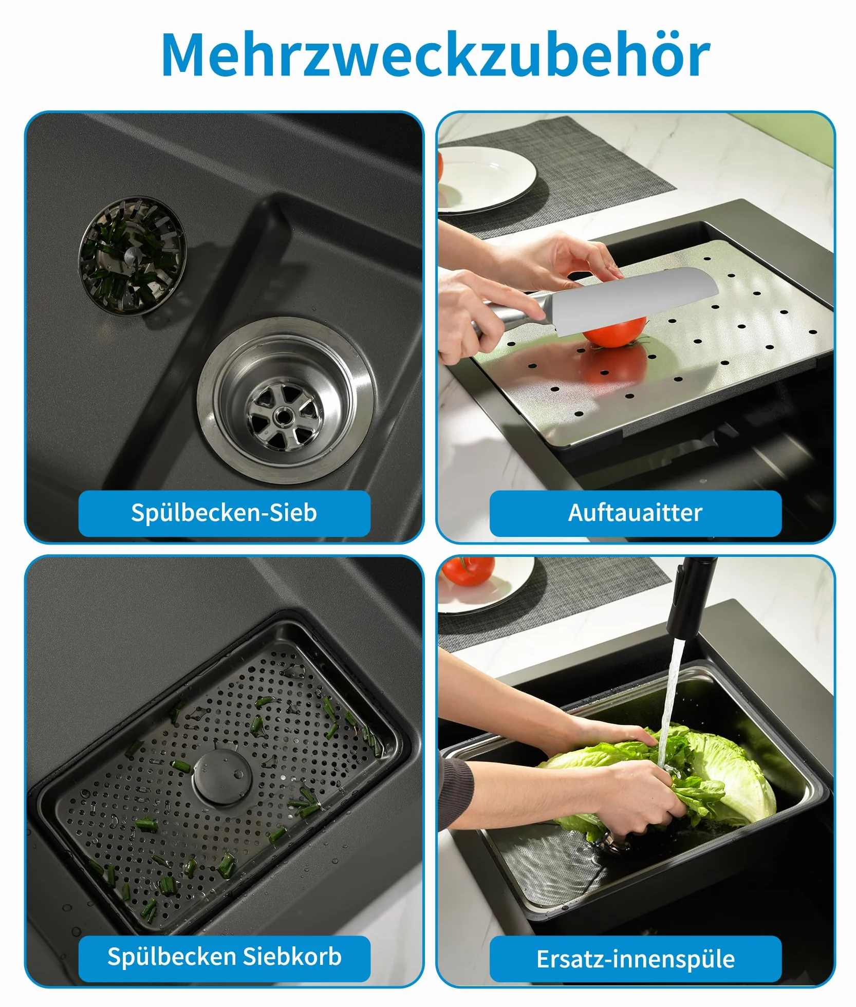 Fregadero Cocina Negro Acero Inoxidable 70×45cm,Fregadero Cocina 1 Seno,2 Orificios para Grifo,Kit Completo con Canasta,Bandeja de descongelación,Cestade Desagüe,Sifón
