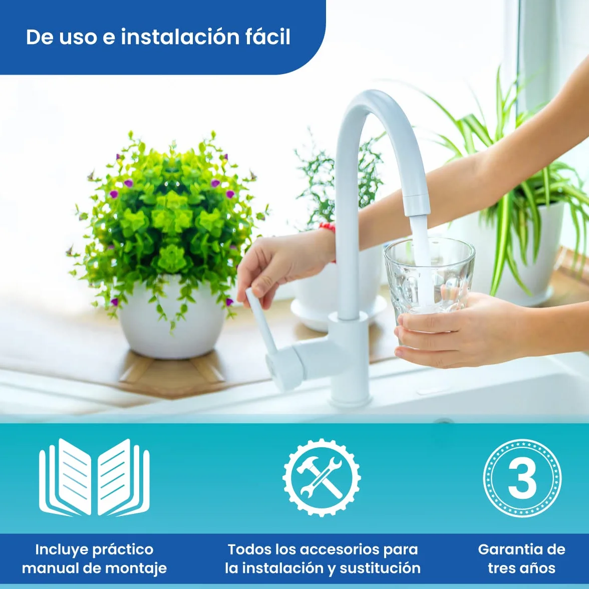 Kit de 4 Filtros Universales para Osmosis Inversa - Incluye Membrana Vontron y Rollo de Teflón - Ideal para Equipo de 5 Etapas Universal - 50GPD - Nature Water Professionals
