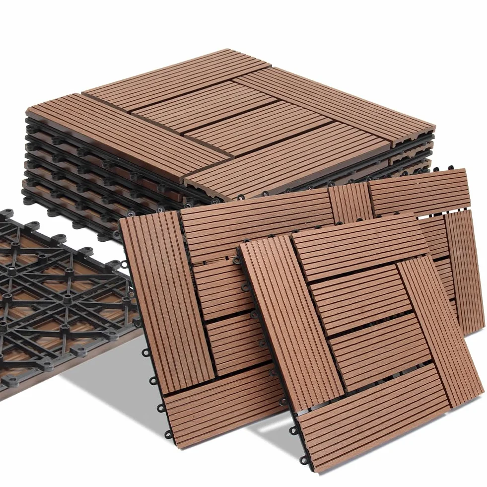 BAKAJI Juego de 11 piezas de azulejos WPC para jardín exterior, patio, balcón, suelo con drenaje de agua, azulejos de montaje empotrado, resistente a los agentes atmosféricos, diseño incrustado