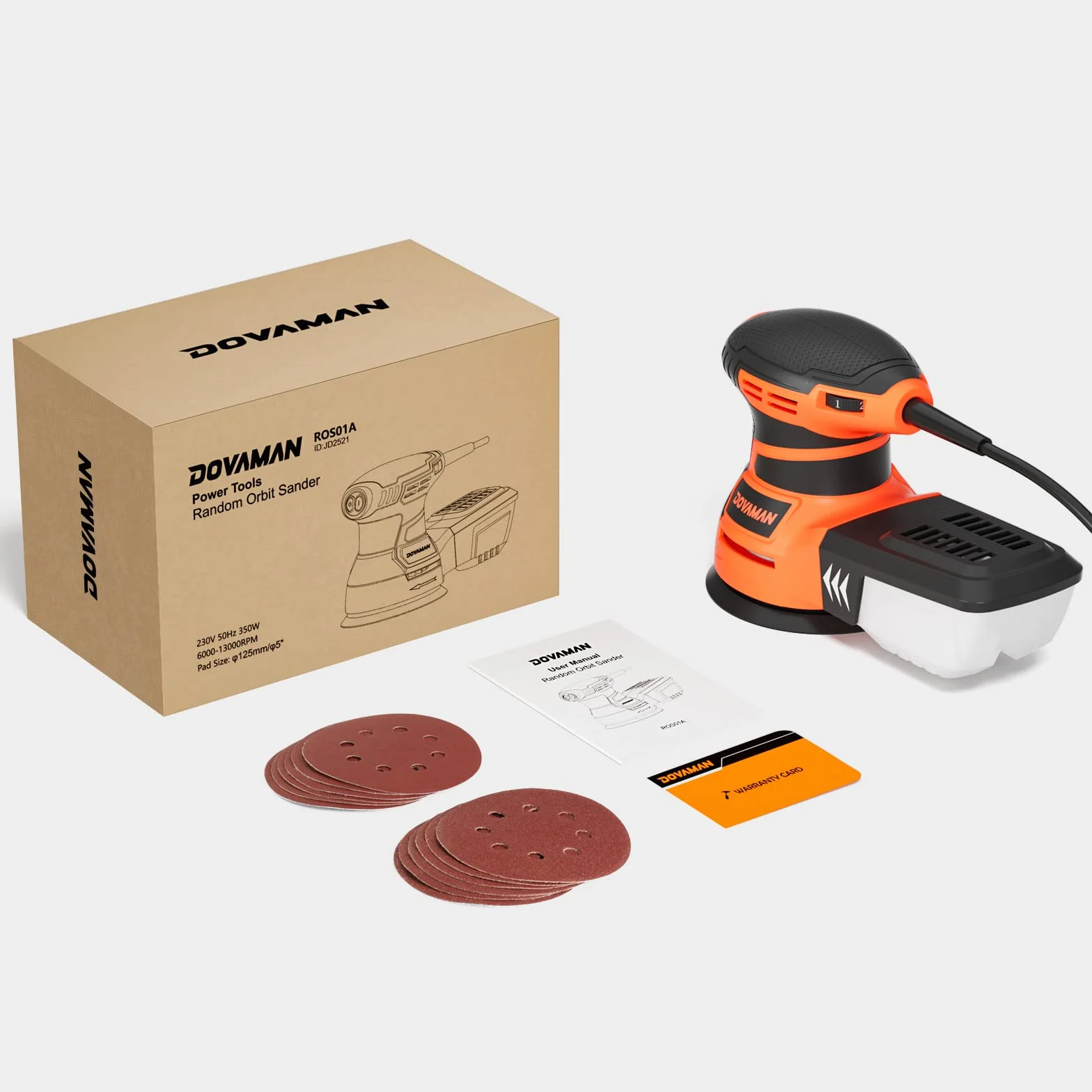 DOVAMAN ROS01A 350W Lijadora Orbital, 6 Velocidades, 13000 RPM, 12 Hojas de Papel de Lija, Disco de 125 mm, Recogida de Polvo, Lijadora Eléctrica Ideal para Superficies de Madera y Acero