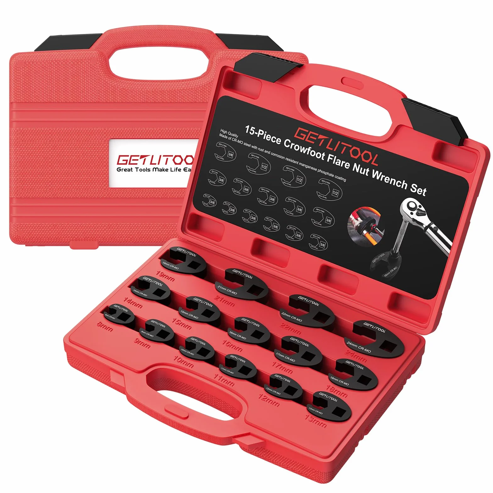 GETLITOOL Juego de 15 piezas Llaves de Boca Llaves Crowfoot 3/8" y 1/2", 8-24 mm, Cromo-Molibdeno para Trabajos Mecánicos con Estuche Fácil de Transportar