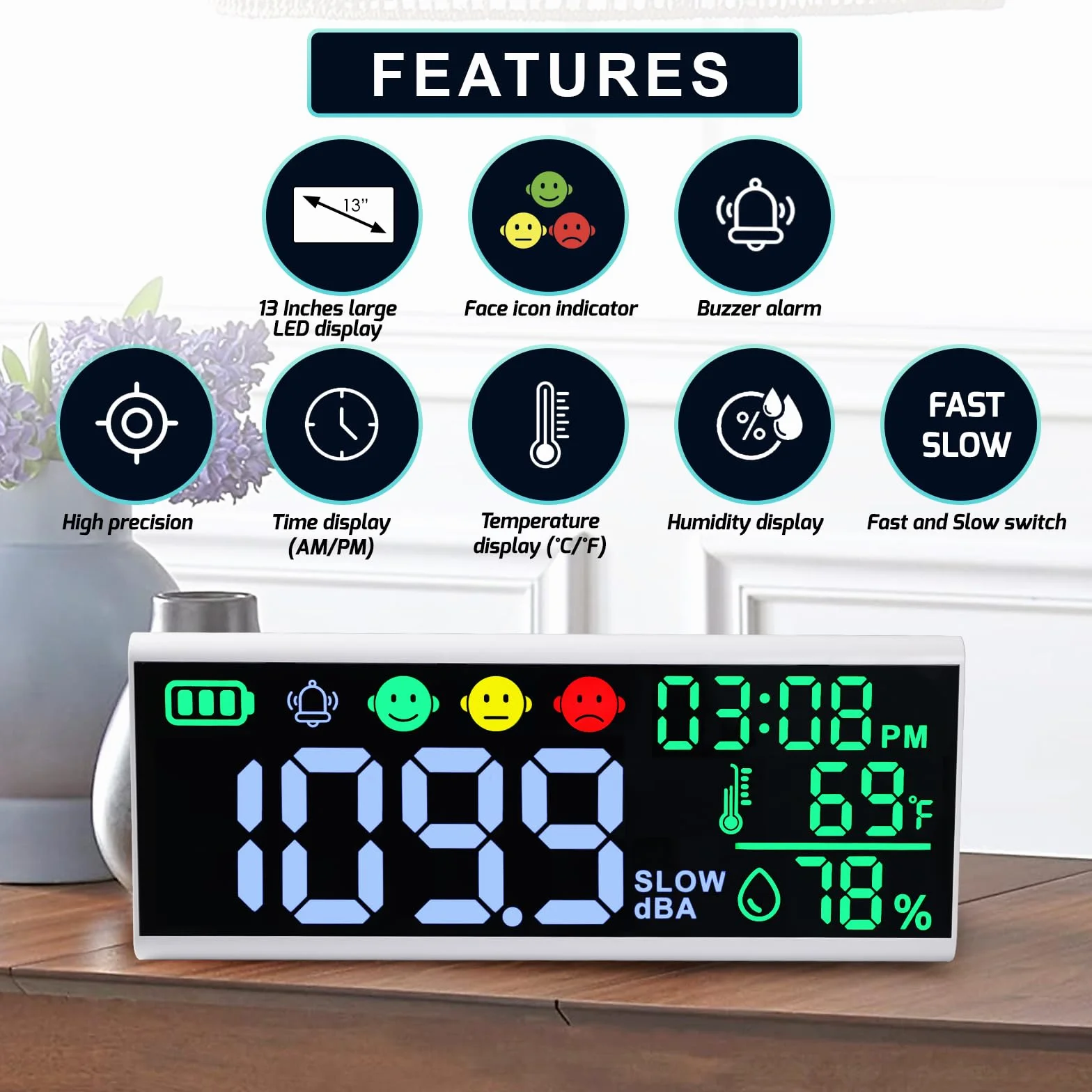 Medidor de nivel de sonido montado en pared y escritorio con indicador de iconos de alarma de zumbador