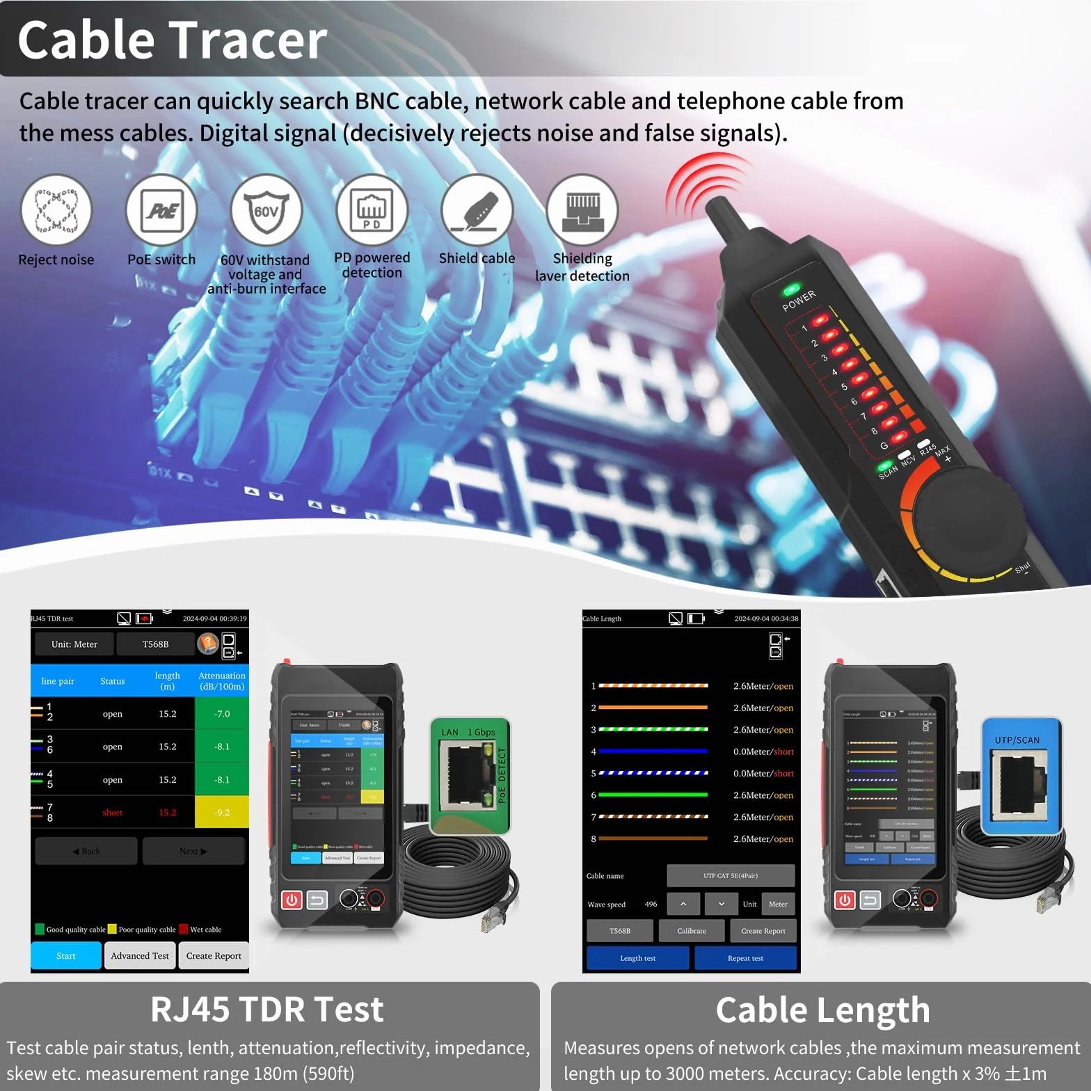 Henkion Comprobador de cables de red RJ45 Probador de cables UTP, Rastreador de cables Ethernet, pantalla táctil IPS de 4 pulgadas, compatible con herramientas de red, multímetro digital, VFL, OPM