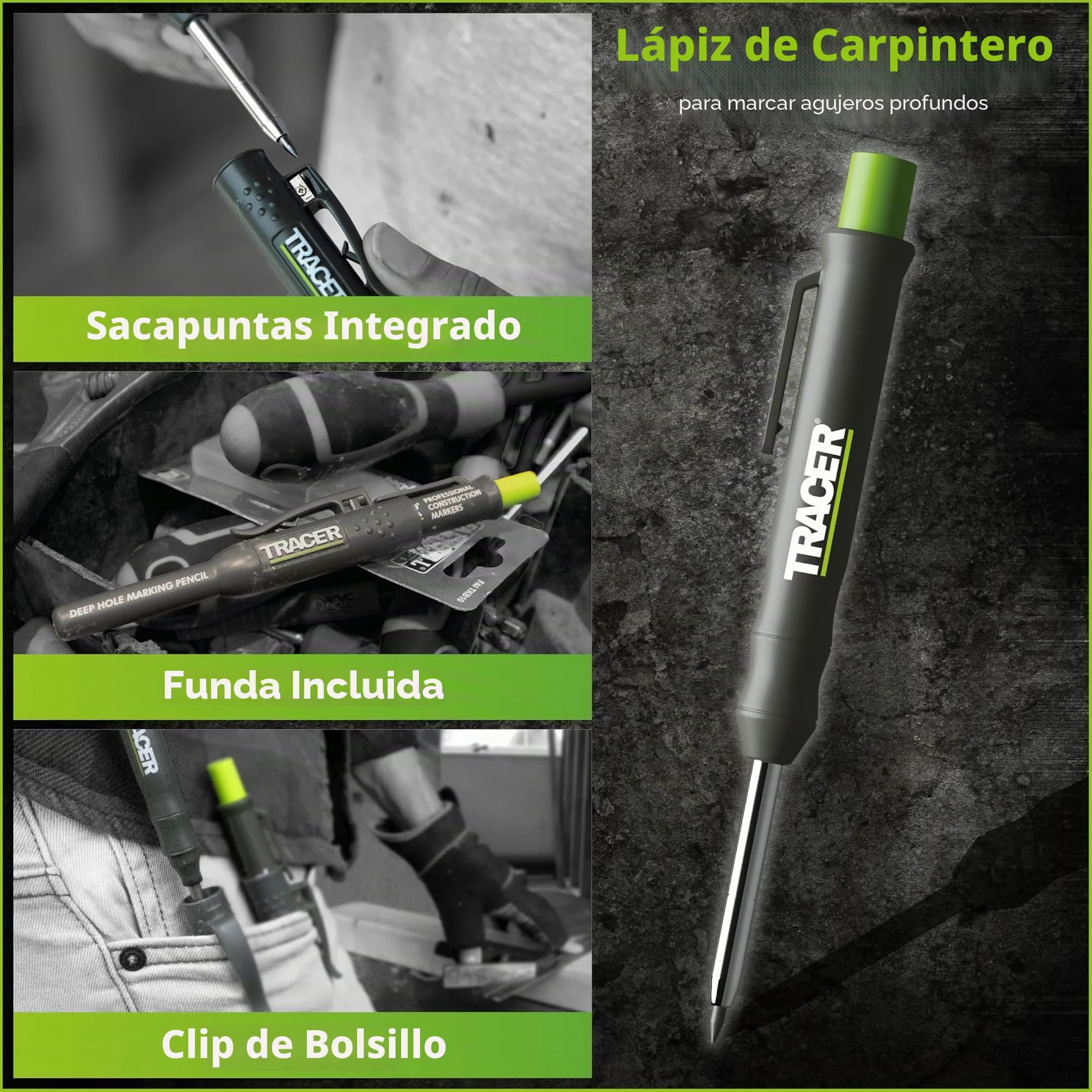 Tracer ProScribe APST2 | Herramienta de Trazado Multifunción con Gramil, Lápiz de Agujero Profundo y Estuche | +15 Aplicaciones | Carpinteros, Albañiles | Madera, Metal, Plástico