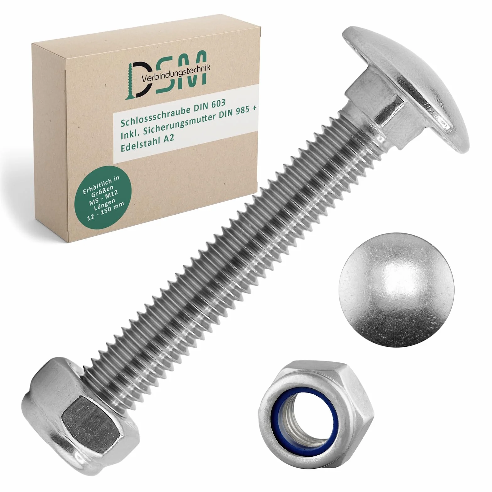 DSM – Tornillos de cierre M5 x 90 mm según DIN 603 – Tuerca de seguridad M5 DIN 985 – Acero inoxidable A2/V2A – Tornillos de cabeza plana redonda con cuello cuadrado – Tuercas de seguridad