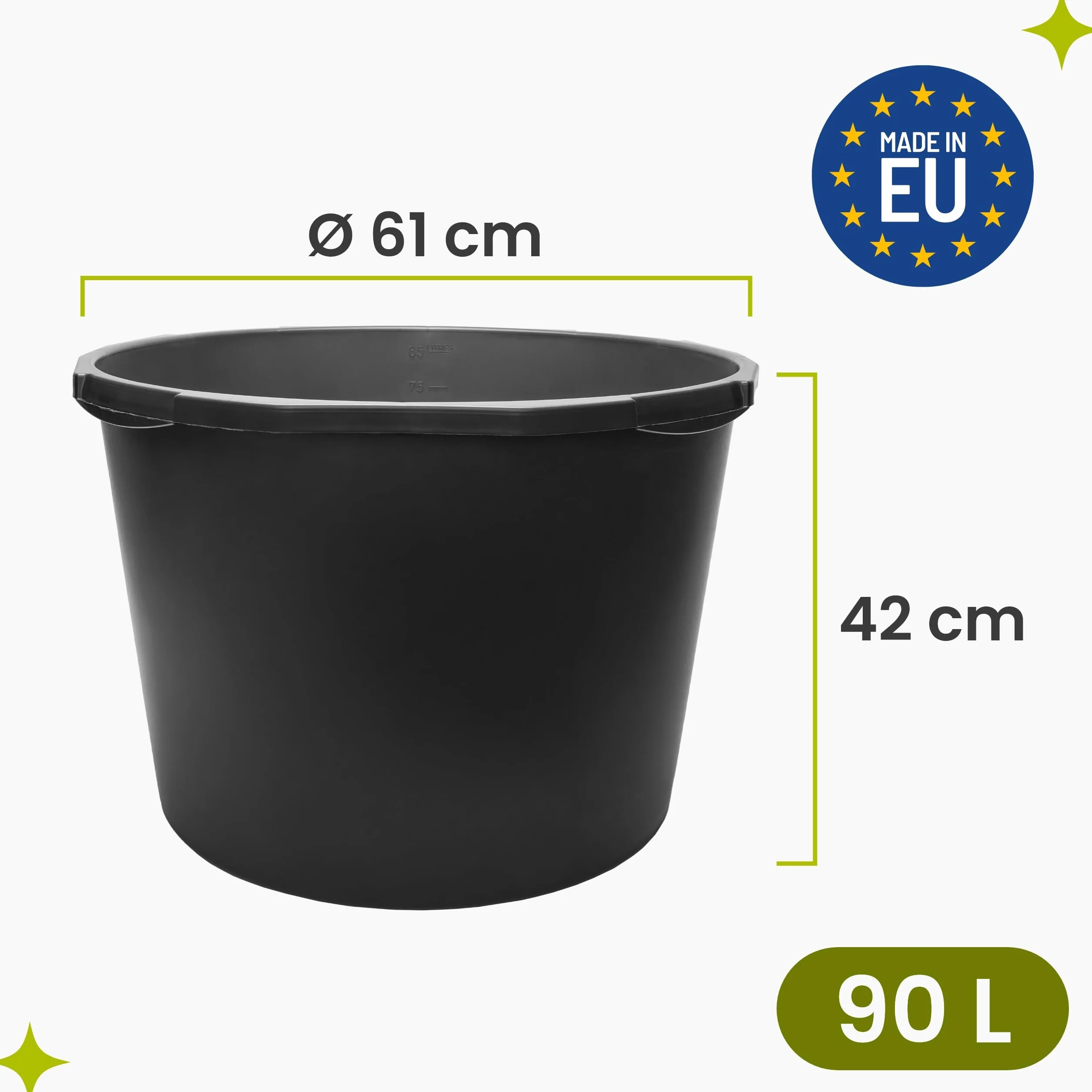 Garronda Pack de 2 Gaveta de Obra Redondo 90 L – Cubeta Plástica Resistente para Mortero y Mezclar Cemento, Depósito, Contenedor Multiusos Barreño para Construcción, Hogar y Jardín GD-0170 Negro